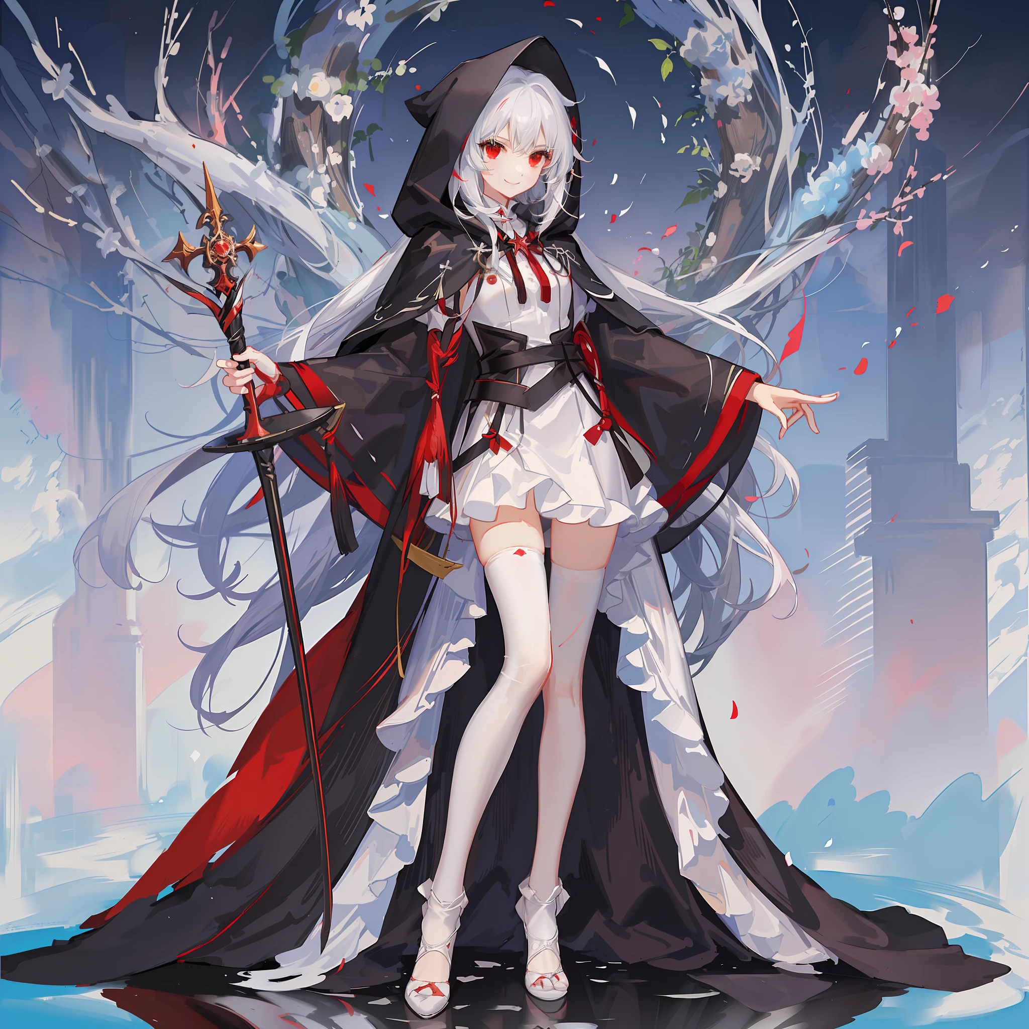 Maiden, white stockings, playful smile, round red thread striped road black robe, hood, cape, red eyes, long white hair, standing posture, full body, mage, holy girl