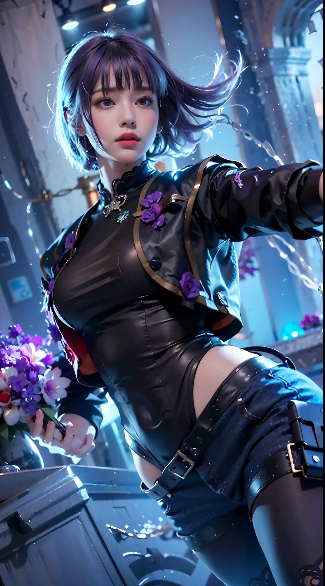 best quality,masterpiece,extremely detailed,high res,4k,ultra high res,detailed shadow,ultra realistic,realistic,dramatic lighting,1girl,solo,detailed face,realistic eyes,realistic skin,white dress,purple hair,dynamic pose, white lace dress