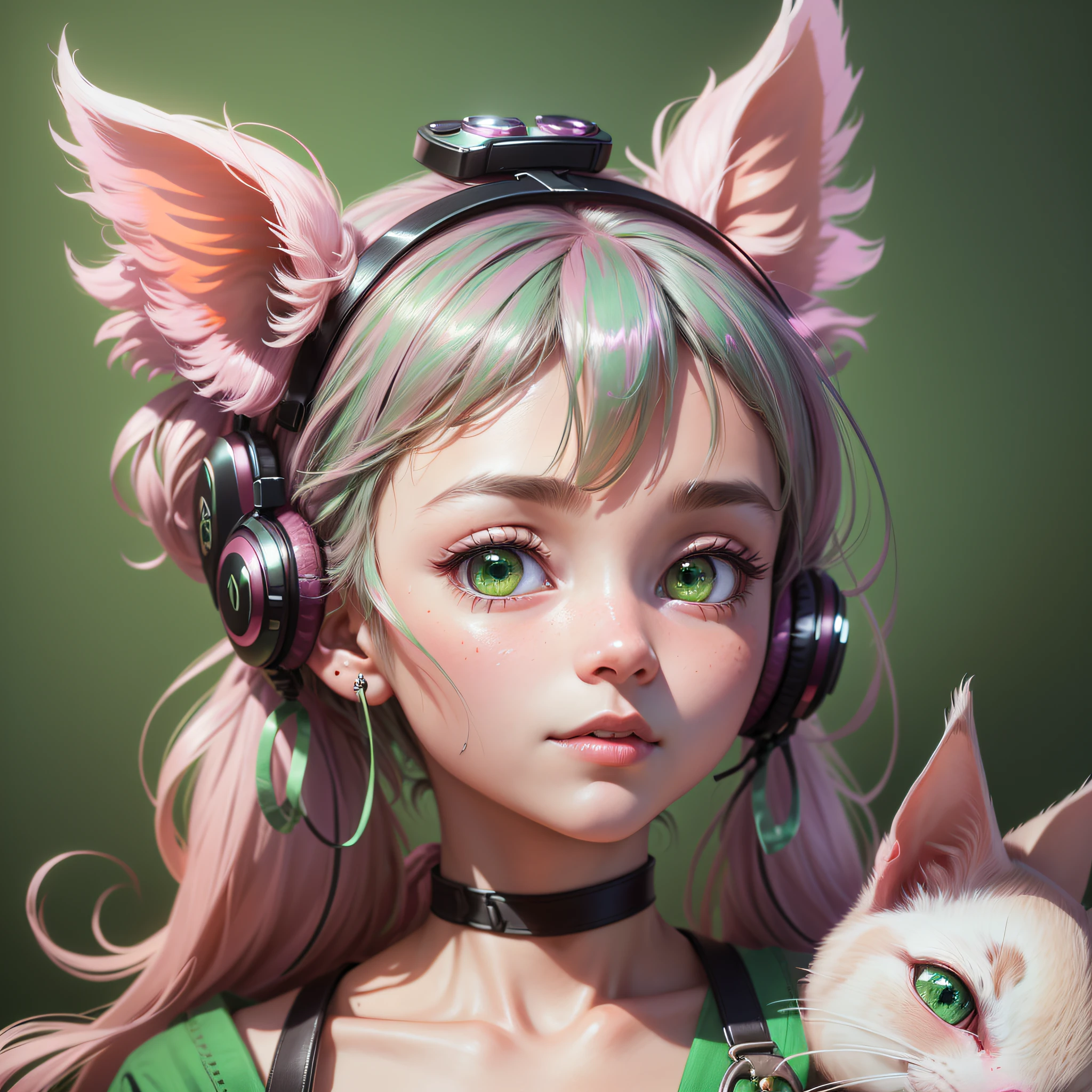 (Extremely detailed CG Unity 8k wallpaper, masterpiece, best quality, super detailed), (best lighting, best shadow, extremely delicate and beautiful), floating, [(Headbands, earrings, (green: 1.5|red: 1.2) braided pig's tail hair with kitten headphones, (pink: 1.3) overalls) :: 0.8] --auto --s2
