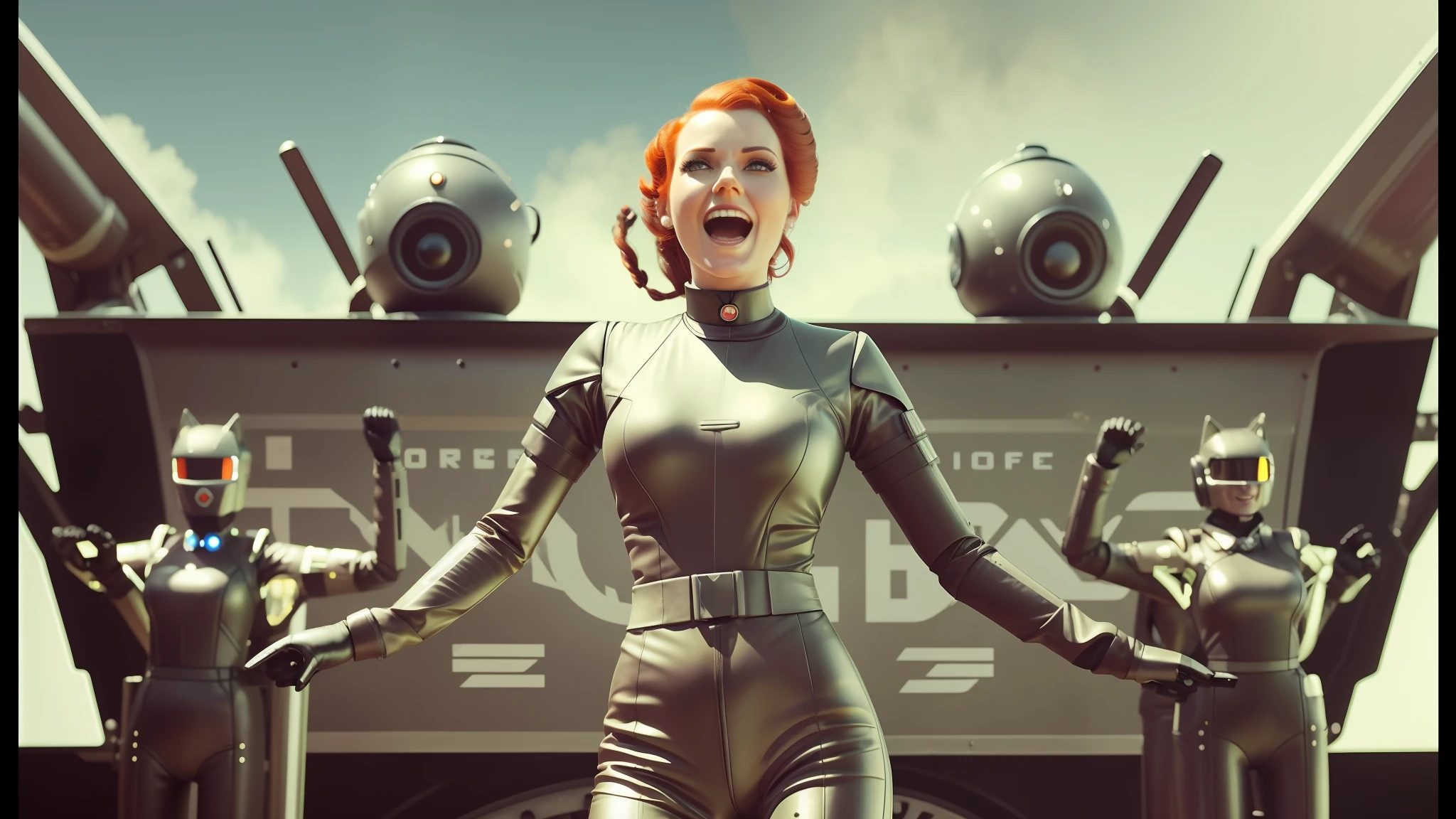 there is a woman in a cat suit standing in front of a group of robots, cheerful atmosphere, vfx film closeup, wearing atompunk jumpsuit, steam trains, сinematic lighting, redhead woman, excited russians, compositing, caravan, radiation