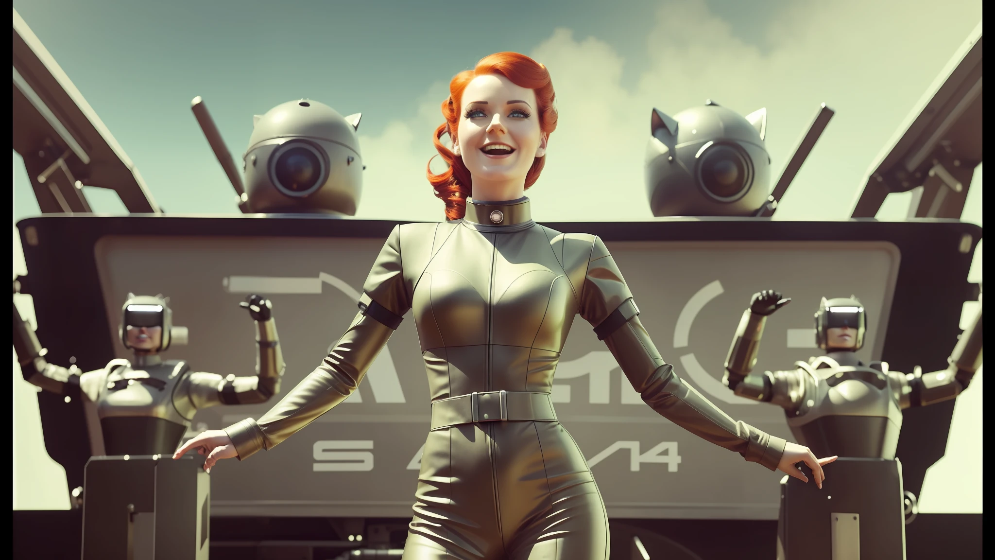 there is a woman in a cat suit standing in front of a group of robots, cheerful atmosphere, vfx film closeup, wearing atompunk jumpsuit, steam trains, сinematic lighting, redhead woman, excited russians, compositing, caravan, radiation