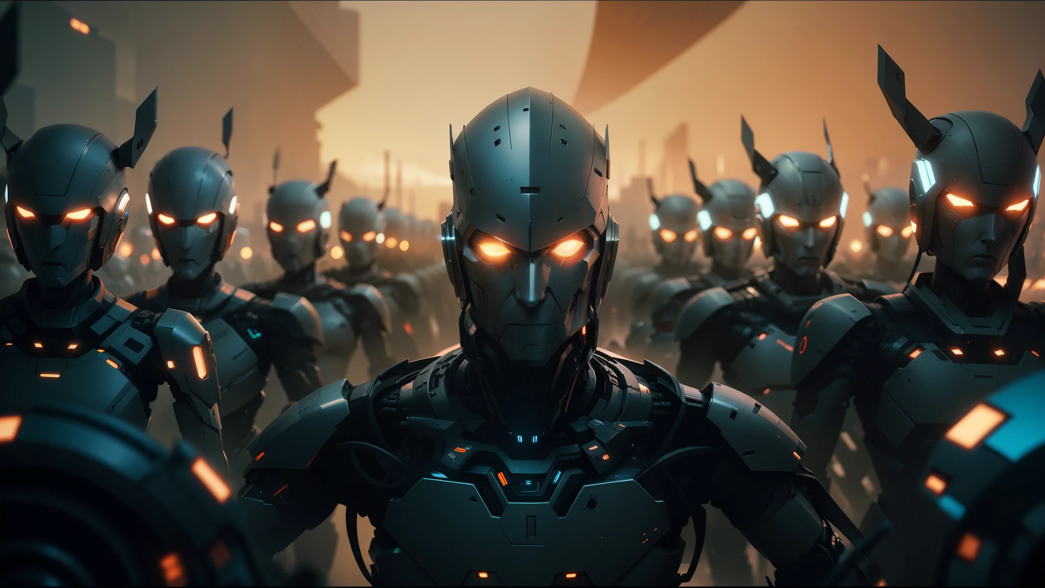 A close-up of a robot standing in a large group of robots, cinematic static frame, of cybernetic gods, Pierre Pellegrini and Ash Thorp, highly detailed character design, by Jacek Sempoliński, chrome face symmetry, cgsociety, automated soldiers, filmstill, eos 5d, in formation