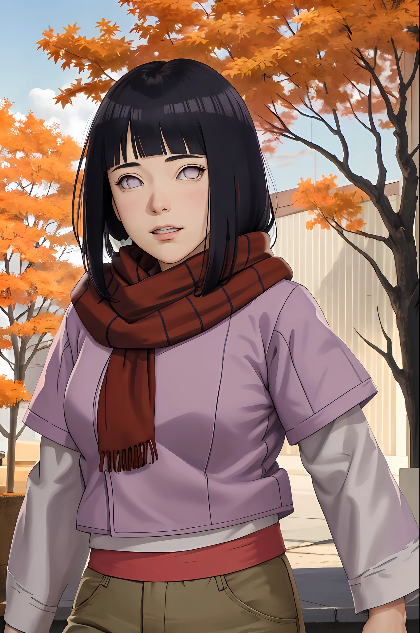 masterpiece, absurdres, hinata\(boruto\), 1girl, solo,mature female, purple hoodie,layered sleeves, brown pants, outdoors,maple trees, autumn, looking at viewer, (falling maple), cloudy sky, perfect composition, detailed lips, big breast, beautiful face, body propotion, blush, (pink lips), long hair, purple eyes, soft gaze, sad smile, (((long red scarf)))