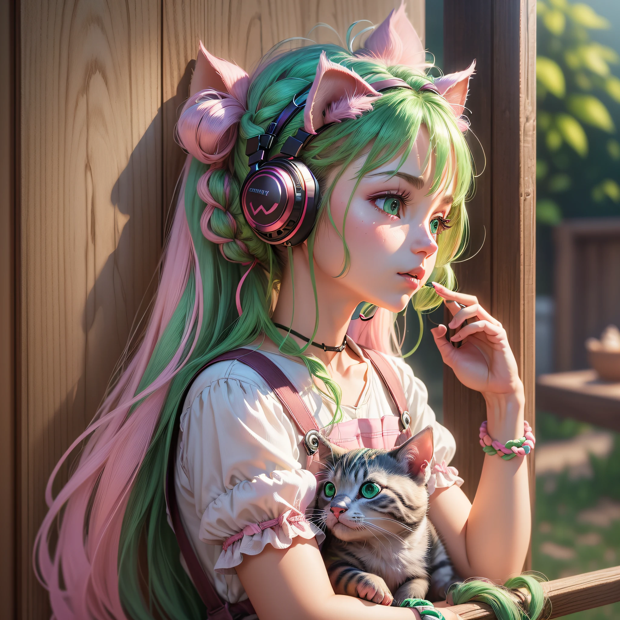 (Extremely detailed CG Unity 8k wallpaper, masterpiece, best quality, super detailed), (best lighting, best shadow, extremely delicate and beautiful), floating, [(Headbands, earrings, (green: 1.5|red: 1.2) braided pig's tail hair with kitten headphones, (pink: 1.3) overalls) :: 0.8] --auto --s2
