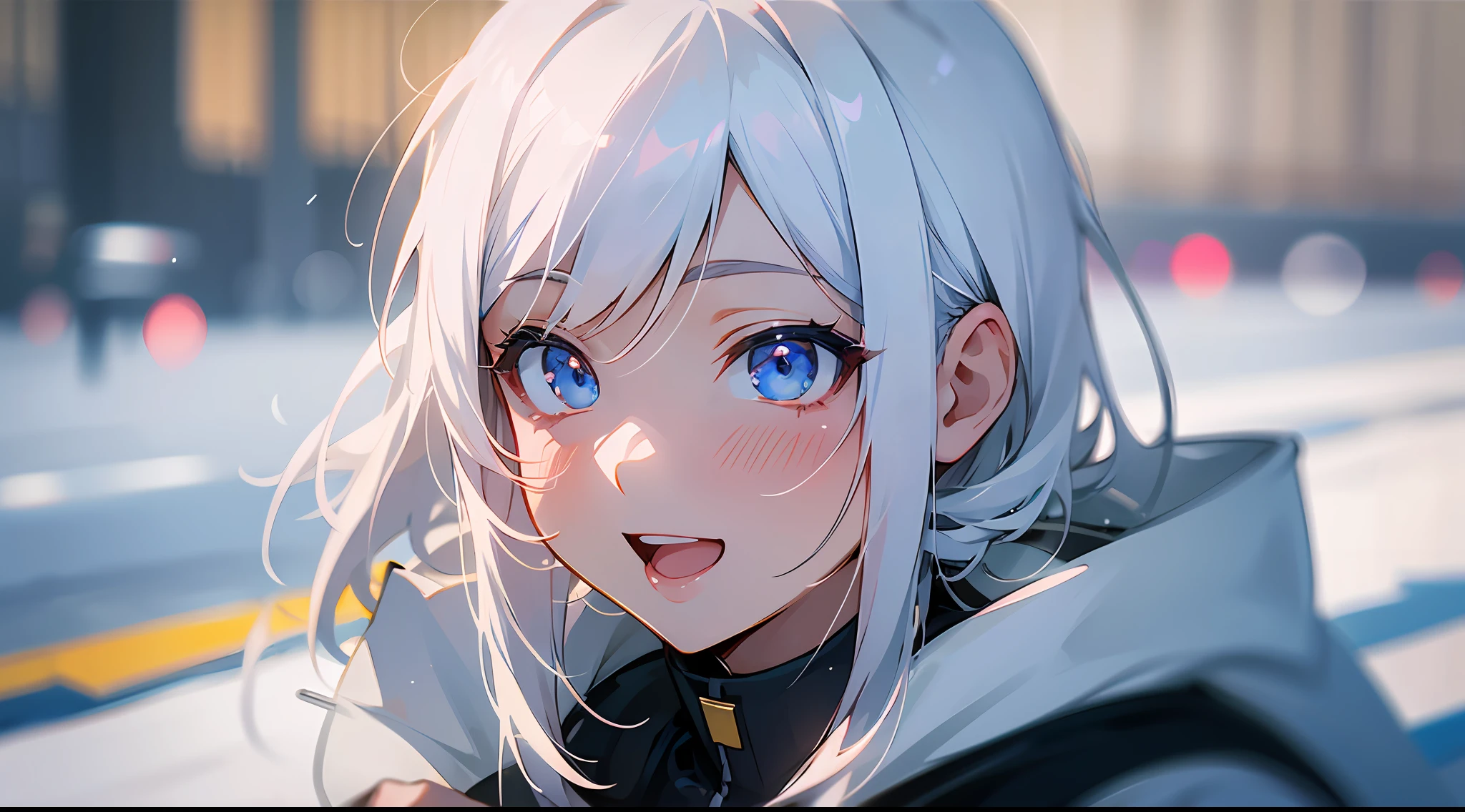 Based on the Counterfeit-V3.0 model, shoujo, two-dimensional, happy, cute, extremely high detail, anime style, depth of field effect, extremely high quality, white hair, drifting snow, focus, upper body, facing the camera --auto --s2