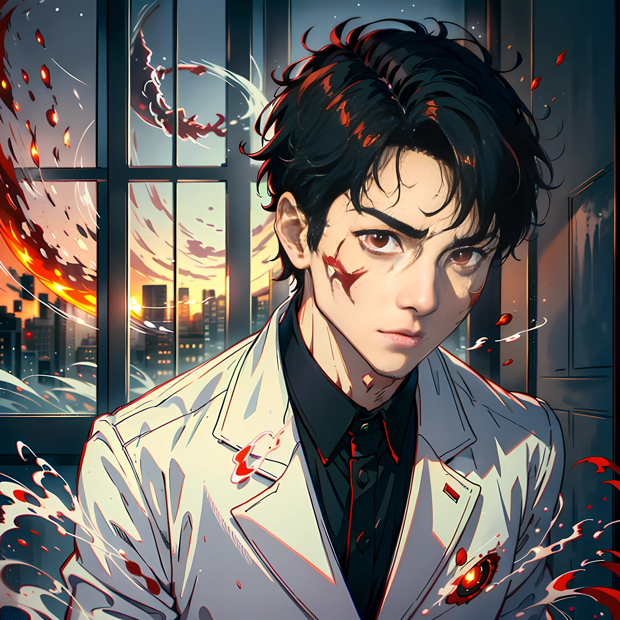 At night, by the window, Red Moon, a handsome boy, about to turn into a zombie, short black hair, white suit, red eyes, energy flow, a large piece of meat in front of him, a large piece of meat, no blood, highly real, 4K, chiaroscuro, super high detail