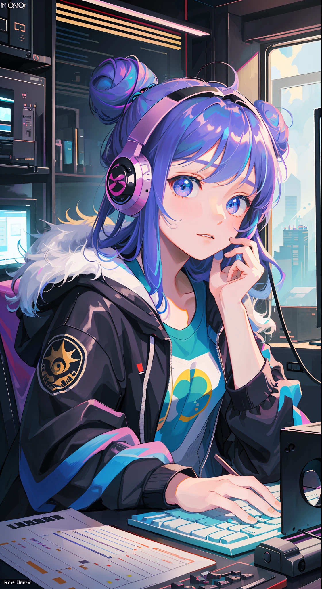 masterpiece,best illustration,solo,1girl,sitting,hair bun,keyboard \(computer\),fur trim,computer,monitor,hood,jacket,hood down,chair,headphones,city,double bun,instrument,cyberpunk, a small wooden toy,\(\(intricate details\)\),colorful details,iridescent colors BREAK,\(\(masterpiece best quality\)\),4k,ultra detailed,detailed lighting,\(\(inspired by Hayao Miyazaki\)\),official art,promotional art,composition,