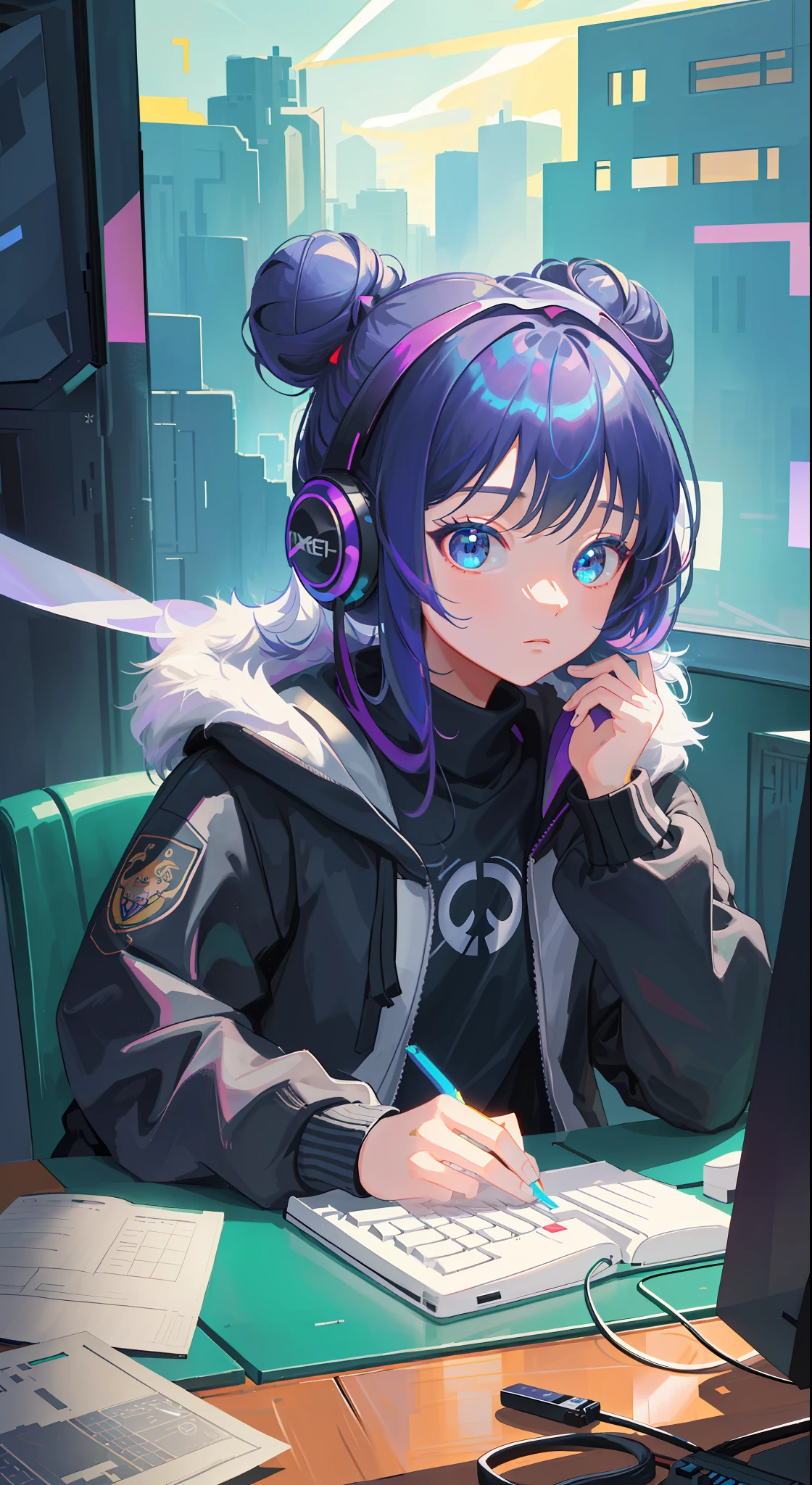 masterpiece,best illustration,solo,1girl,sitting,hair bun,keyboard \(computer\),fur trim,computer,monitor,hood,jacket,hood down,chair,headphones,city,double bun,instrument,cyberpunk, a small wooden toy,\(\(intricate details\)\),colorful details,iridescent colors BREAK,\(\(masterpiece best quality\)\),4k,ultra detailed,detailed lighting,\(\(inspired by Hayao Miyazaki\)\),official art,promotional art,composition,