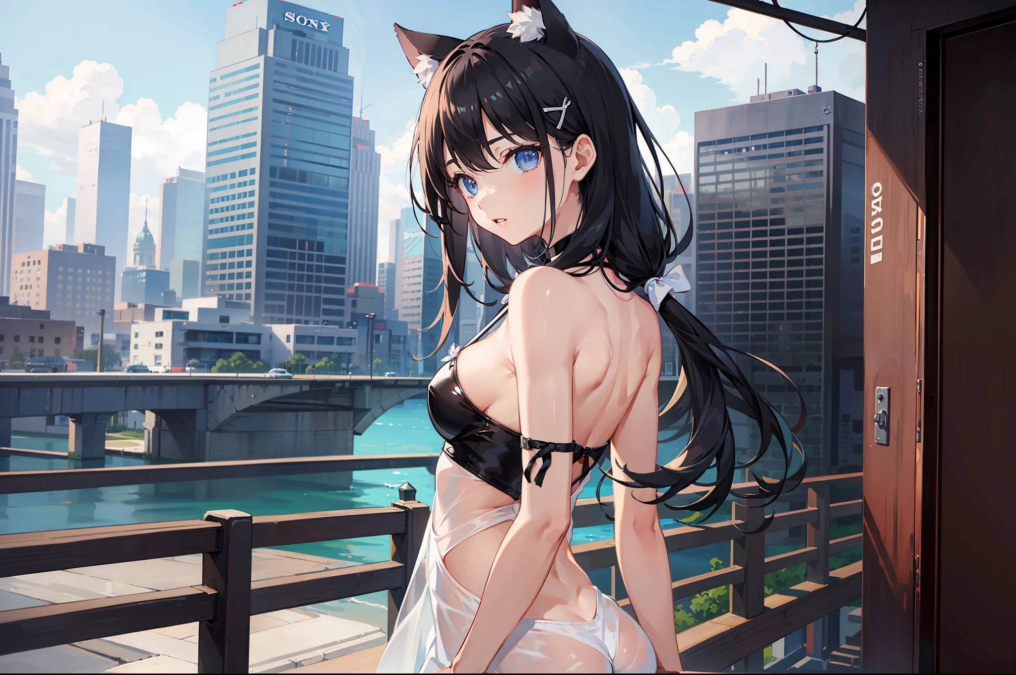 1girl, Catgirl, Young girl, Soft, Delicate, Petite, Flexible, Fair skin, Smooth texture, Small and well-shaped breasts, Round and elastic buttocks, Black hair, Translucent light blue eyes, Exquisite facial features, Silky and smooth skin, Bright and watery eyes, Cute lips, Dark black hair, Light hair clip, Graceful body curves, Slim and slender figure, Cute dress, Cute sneakers, Adorable hair clip, AA-cup, moaning, Sony FE, from behind, masterpiece, highres, high details