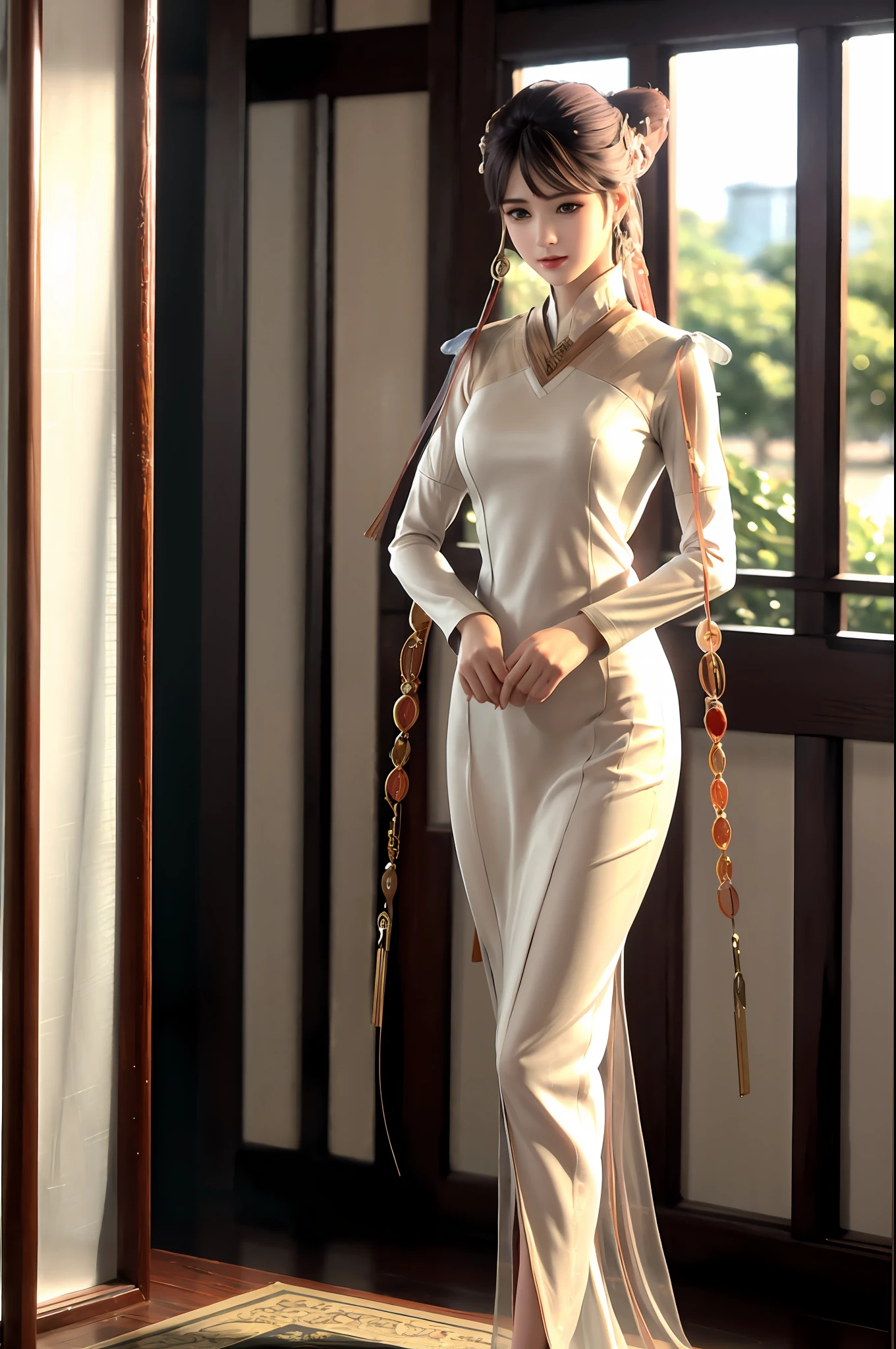 There is a girl in a willow leaf green dress, plum blossoms, palace, oriental architecture ray tracing, {best quality}, { {masterpiece}}, extremely detailed 8K wallpaper, {an extremely delicate and beautiful}, colorful, intricate details, realism, realism, camera quality, (meticulously portrayed clothes), cold white leather, (meticulously portrayed blush), 1080p, sun, soft cute, smooth light silver hair, messy beauty, lighting, broken feeling, skin shiny and silky, 3D stereoscopic, masterpiece, best quality, Illustration super fine, beautiful eyes, very delicate light, fine glow, very fine 8K CG wallpaper, peach blossom eyes, red pupils, an extremely delicate beautiful girl, 8k wallpaper, best quality, full body close-up, white long dress, luxurious silky bright red chiffon flood (illusion, glitter, ultra-thin, soft,) Hanfu