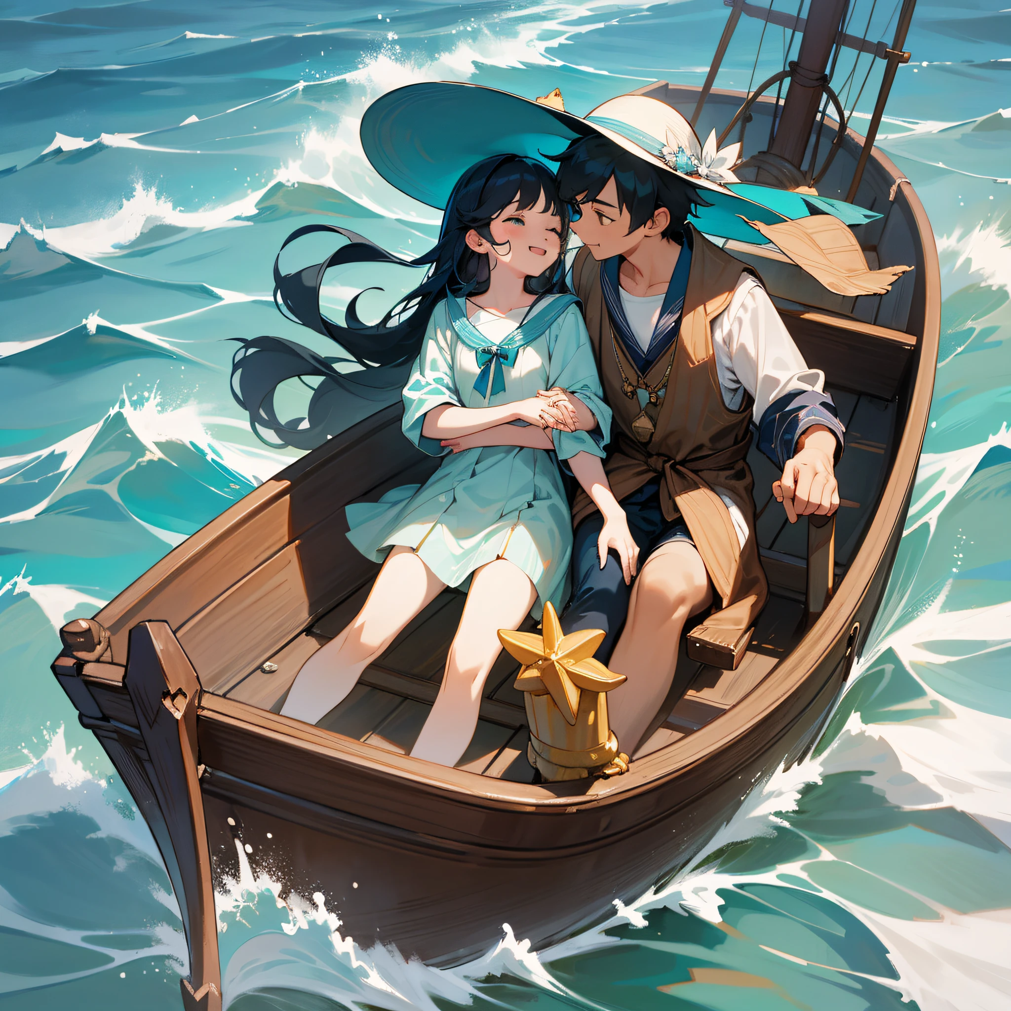 Under the golden sun, a small boat sails on the turquoise sea. The young couple on the boat wore light and comfortable clothes, holding hands, chatting leisurely and leisurely, with the laughter from the boat coming from the opposite side, as if the whole sea was full of happiness and warmth. The sea ripples, the breeze blows, the gentle waves constantly lap the side of the ship, and the waves raised at the bow of the boat resemble a wonderful symphony, conveying a harmonious and happy atmosphere. This is a picture full of romance and beauty, as if people can forget all troubles and disputes, and enjoy the good enjoyment of this world. Comic book style, 8K Ultra HD --auto --s2