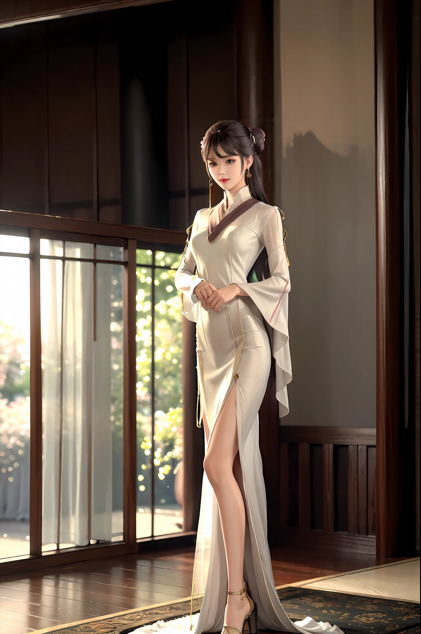 There is a girl in a willow leaf green dress, plum blossoms, palace, oriental architecture ray tracing, {best quality}, { {masterpiece}}, extremely detailed 8K wallpaper, {an extremely delicate and beautiful}, colorful, intricate details, realism, realism, camera quality, (meticulously portrayed clothes), cold white leather, (meticulously portrayed blush), 1080p, sun, soft cute, smooth light silver hair, messy beauty, lighting, broken feeling, skin shiny and silky, 3D stereoscopic, masterpiece, best quality, Illustration super fine, beautiful eyes, very delicate light, fine glow, very fine 8K CG wallpaper, peach blossom eyes, red pupils, an extremely delicate beautiful girl, 8k wallpaper, best quality, full body close-up, white long dress, luxurious silky bright red chiffon flood (illusion, glitter, ultra-thin, soft,) Hanfu