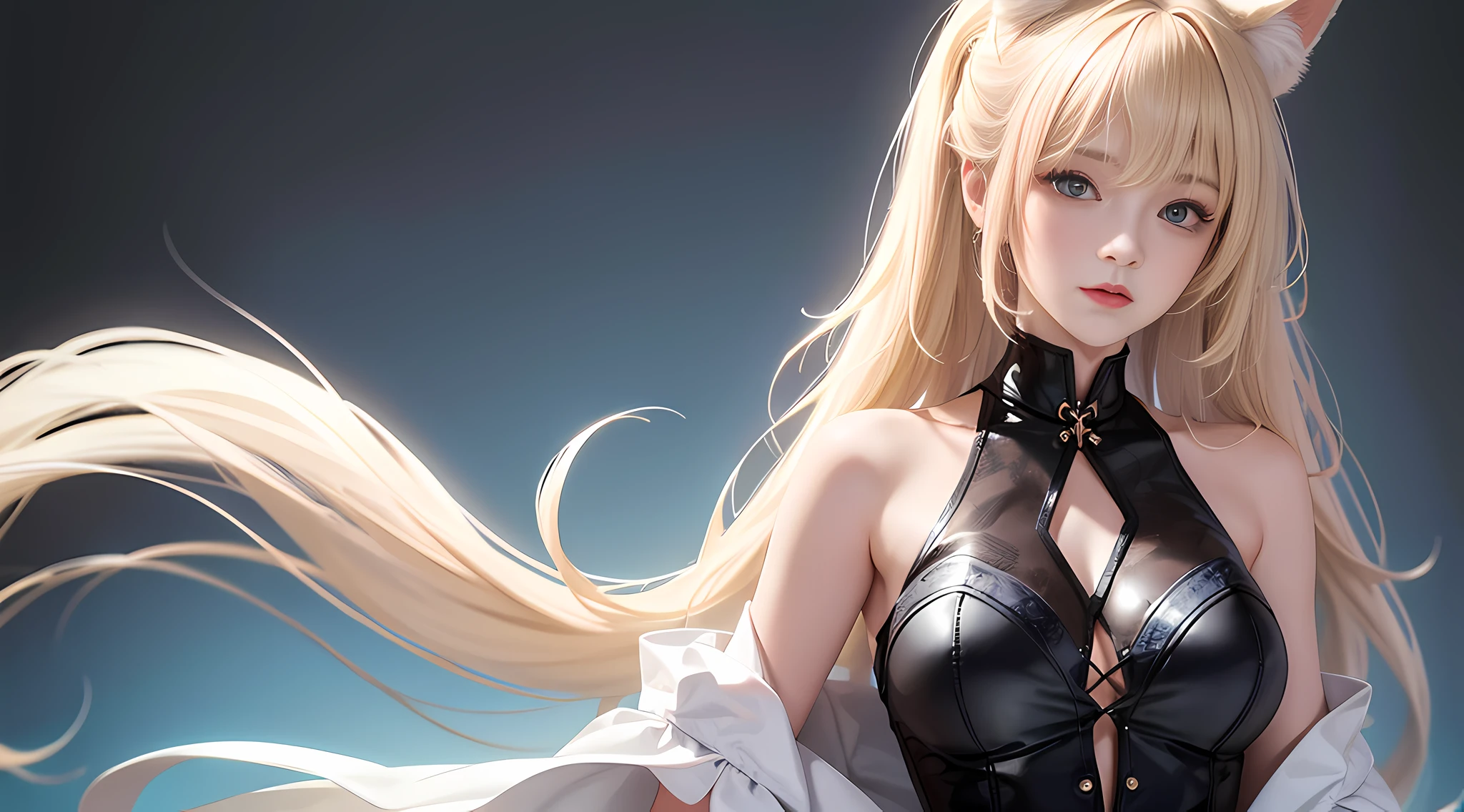 Woman with, blonde pick-dye curly hair, blue eyes, white fox ears, black sexy ragged tight dress