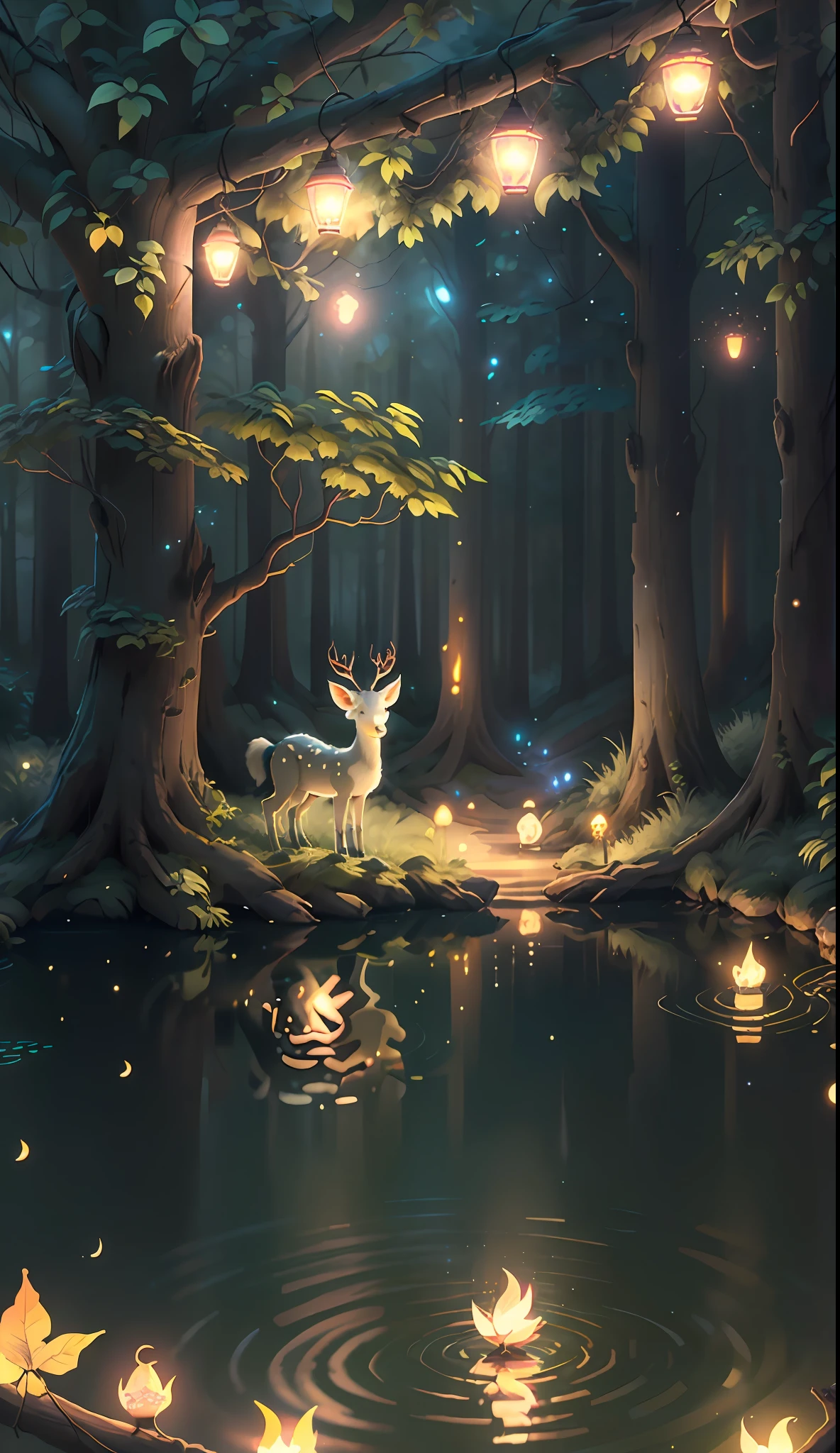 Masterpiece, best quality, (very detailed CG unity 8k wallpaper), (best quality), (best illustration), (best shadows), glow sprite, with a glowing deer, in the swimming pool Drinking water, natural elements in the forest theme. Mysterious forest, beautiful forest, nature, surrounded by flowers, delicate leaves and branches surrounded by fireflies (natural elements), (jungle theme), (leaves), (twigs), (fireflies), (particle effects) etc. 3D , Octane rendering, ray tracing, super detailed