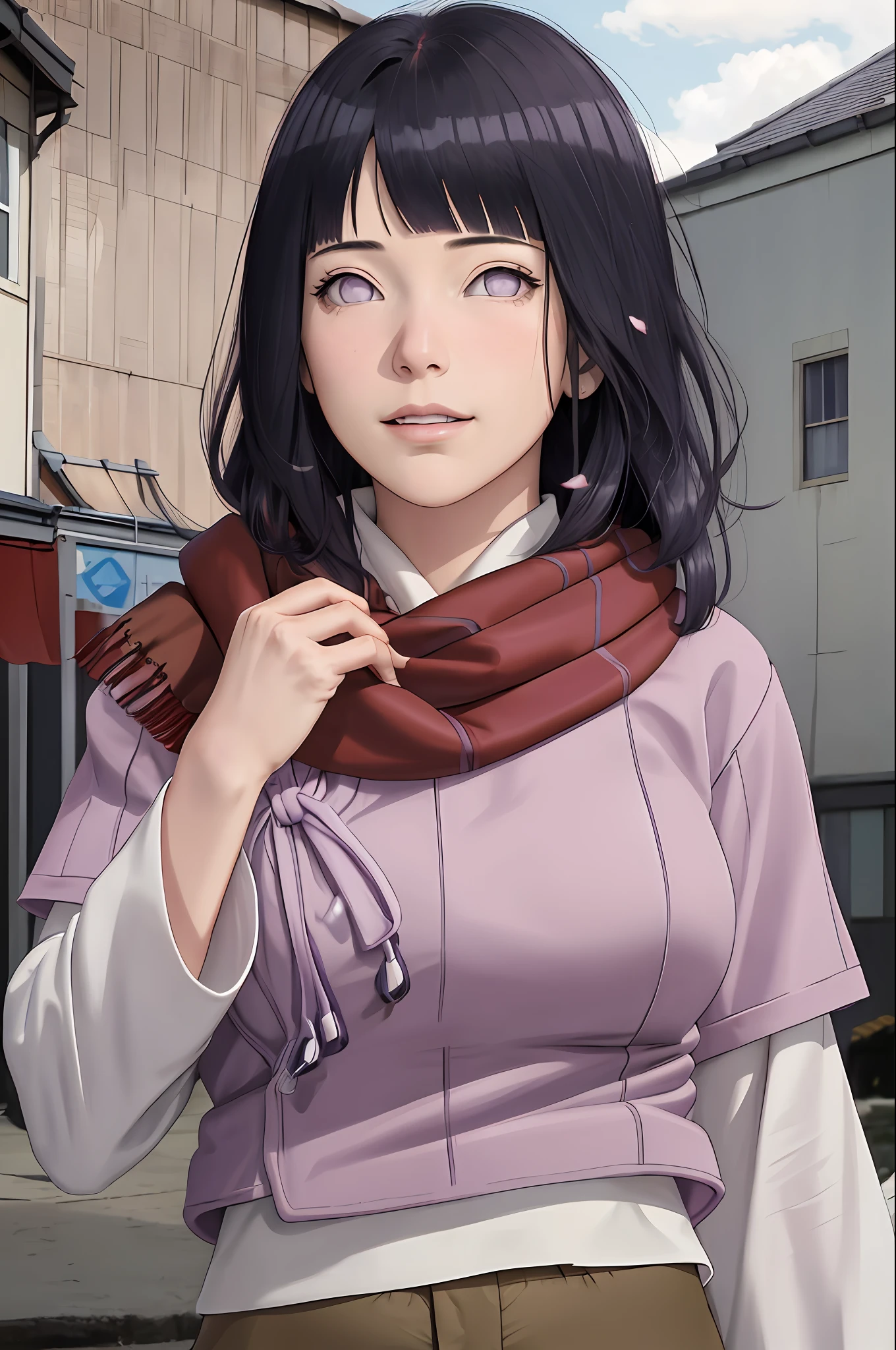 masterpiece, absurdres, hinata\(boruto\), 1girl, solo,mature female, purple hoodie,layered sleeves, brown pants,  outdoors,lavender flower field, looking at viewer, (falling petals), cloudy sky, perfect composition, detailed lips, big breast, beautiful face, body propotion, blush, (pink lips), long hair,  purple eyes,  soft gaze, sad smile, (((long red scarf))),  super realistic, detailed, photoshoot, realistic face and body