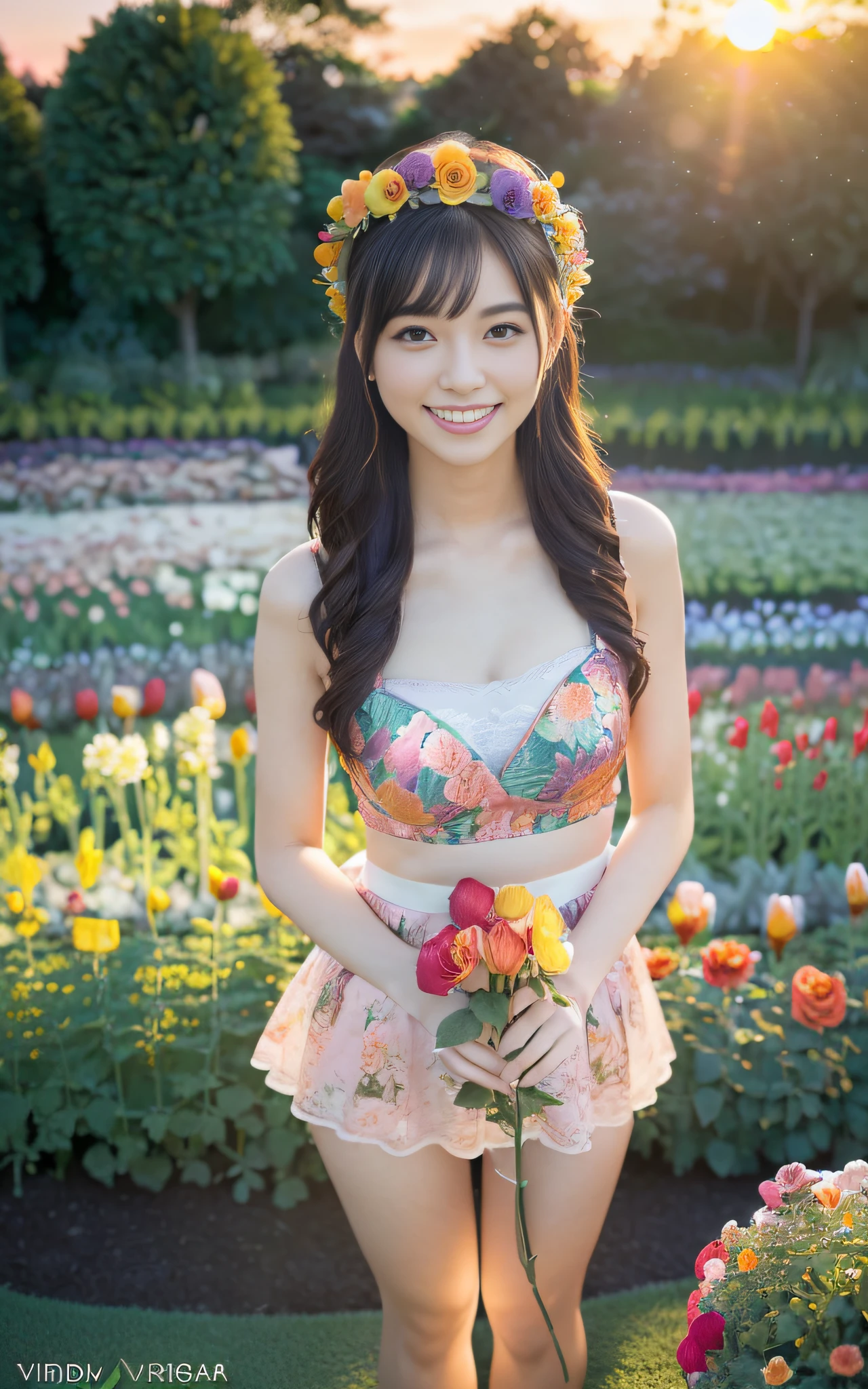 Full body photo,(((Slim body)))),20 years old, twilight rays, rose-patterned underwear, flower crown, (((Tokugawa-en)), rose foreground bokeh, bokeh, photorealistic, surrounded by colorful roses,((((smiling)))),(1 girl), (sunset:1.3), (8k, RAW photo, best quality, masterpiece:1.2), (realistic, photorealistic:1.37), best quality, Ultra High Definition,(Standing in a Flower Garden:1.3), (Vivid and Colorful:1.3)