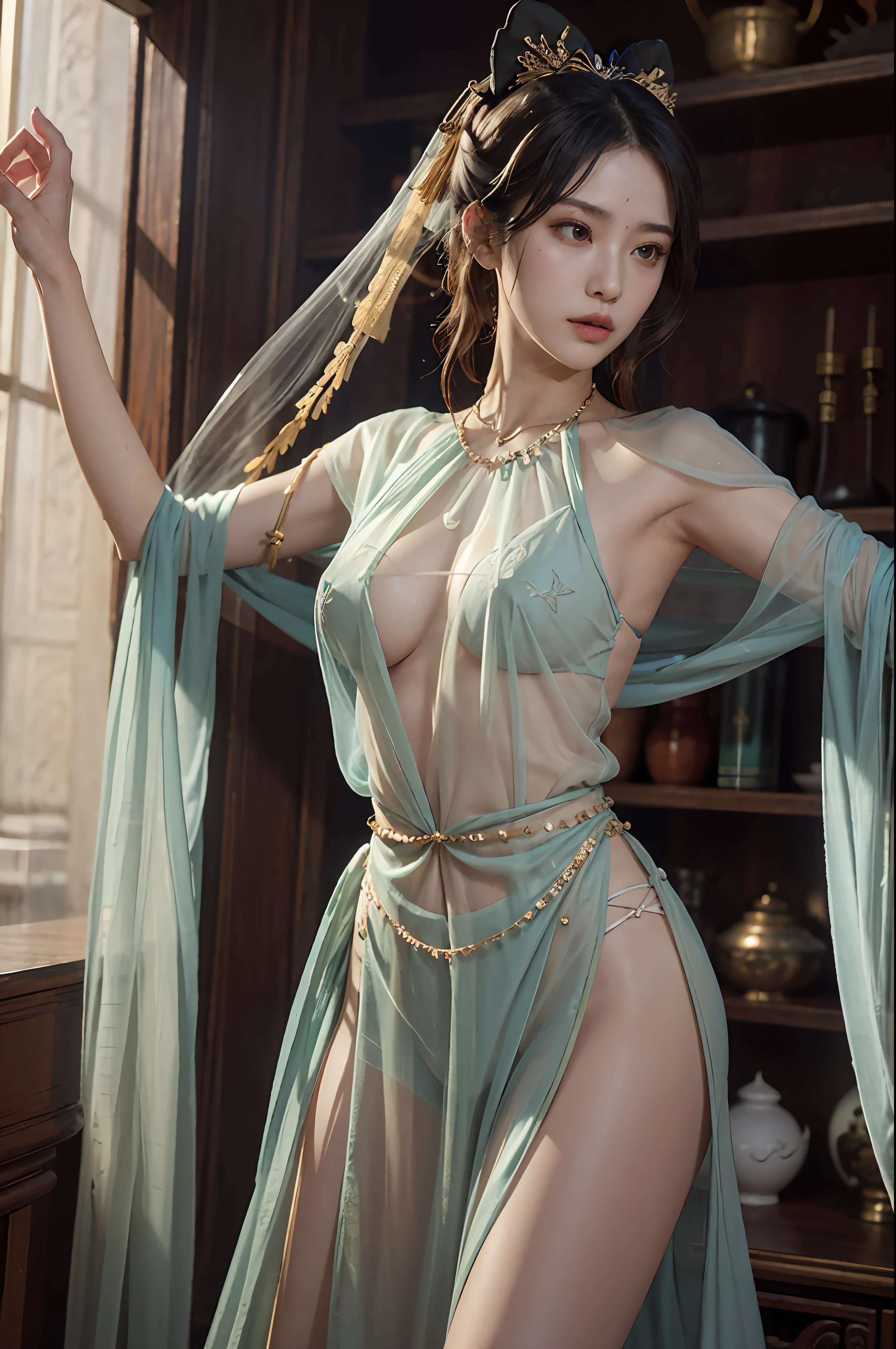 best quality,masterpiece,extremely Detailed details,high resolution,8k,intricate details,realistic,photorealistic,dramatic lighting, 1girl,dunhuang_clothes,dunhuang_dress,small breasts,partially hidden by the clothing,(see-through:1.3),Through a thin veil,glimpses of breasts are visible,creating an alluring and suggestive effect,reveals glimpses of her skin and the contours of her chest, cowboy shot,dancing,