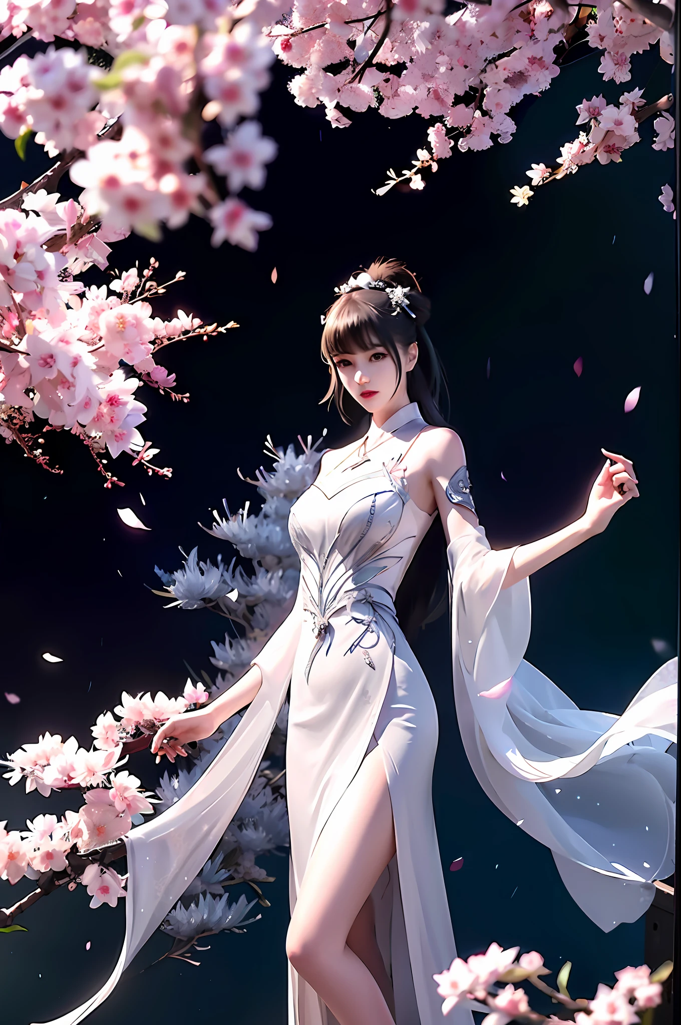 There is a girl in a willow leaf dress, plum blossoms, palaces, oriental architecture ray tracing, {best quality}, { {masterpiece}}, extremely detailed 8K wallpaper, {an extremely delicate and beautiful}, colorful, intricate details, realism, realism, camera quality, (meticulously portrayed clothes), cold white leather, (meticulously portrayed blush), 1080p, sun, soft cute, smooth light silver hair, messy beauty, lighting, shattered feeling, skin shiny and silky, 3D stereoscopic, masterpiece, best quality, Illustration super fine, beautiful eyes, very delicate light, fine glow, very fine 8K CG wallpaper, peach blossom eyes, red pupils, an extremely delicate beautiful girl, 8k wallpaper, best quality, full body close-up, white long dress, luxurious silky bright red chiffon flood (illusion, glitter, ultra-thin, soft,) Hanfu