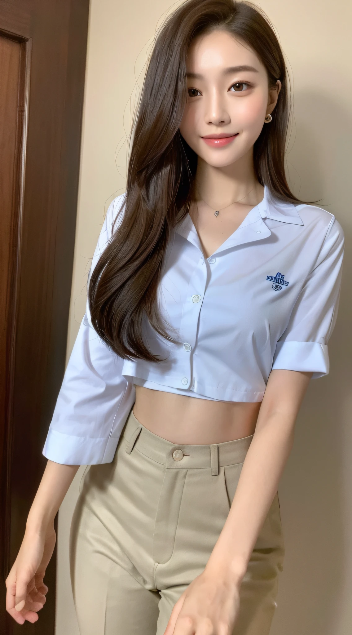 ((Best Quality, 8K, Masterpiece: 1.3)), 1 Girl, Slim Abs Beauty: 1.3, (Casual Hairstyle, No Missing Chest), Uniform: 1.1, Super Fine Face, Delicate Eyes, Double Eyelids, Smile, Home