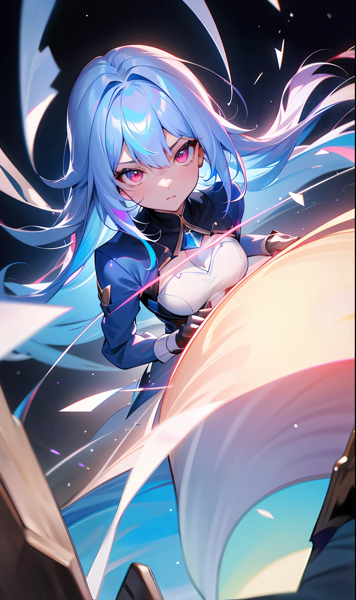 (Fine, sharp images, super resolution, extremely amazing detail, awesome detail), subsurface scattering, masterpiece, best quality, high quality, anatomically correct, textured skin, super detail, high detail, high quality, high quality, award-winning, best quality, high resolution, 1girl, solo, bust, straight eye, prism eye, prism hair, prism, serious, [silver|white] + (blue: -0.3) hair, blue + red eyes, gradient eyes, multicolored eyes, calm, small breasts, Short jacket, glowing eyes, glowing white grain, glitter, bloom, fantasy, cave