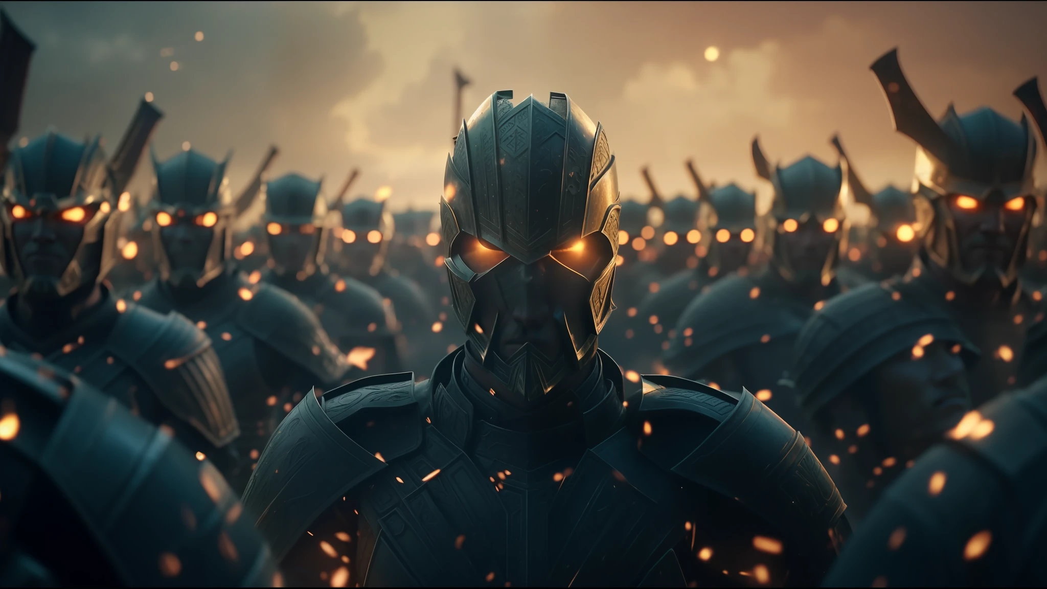 a group of people standing in a field with a light shining, in screenshot from the 300 movie, ruan jia and fenghua zhong, kremlin towers are destroyed, anamorphic flares, middle earth, still image from the movie, after effects, film cinematography