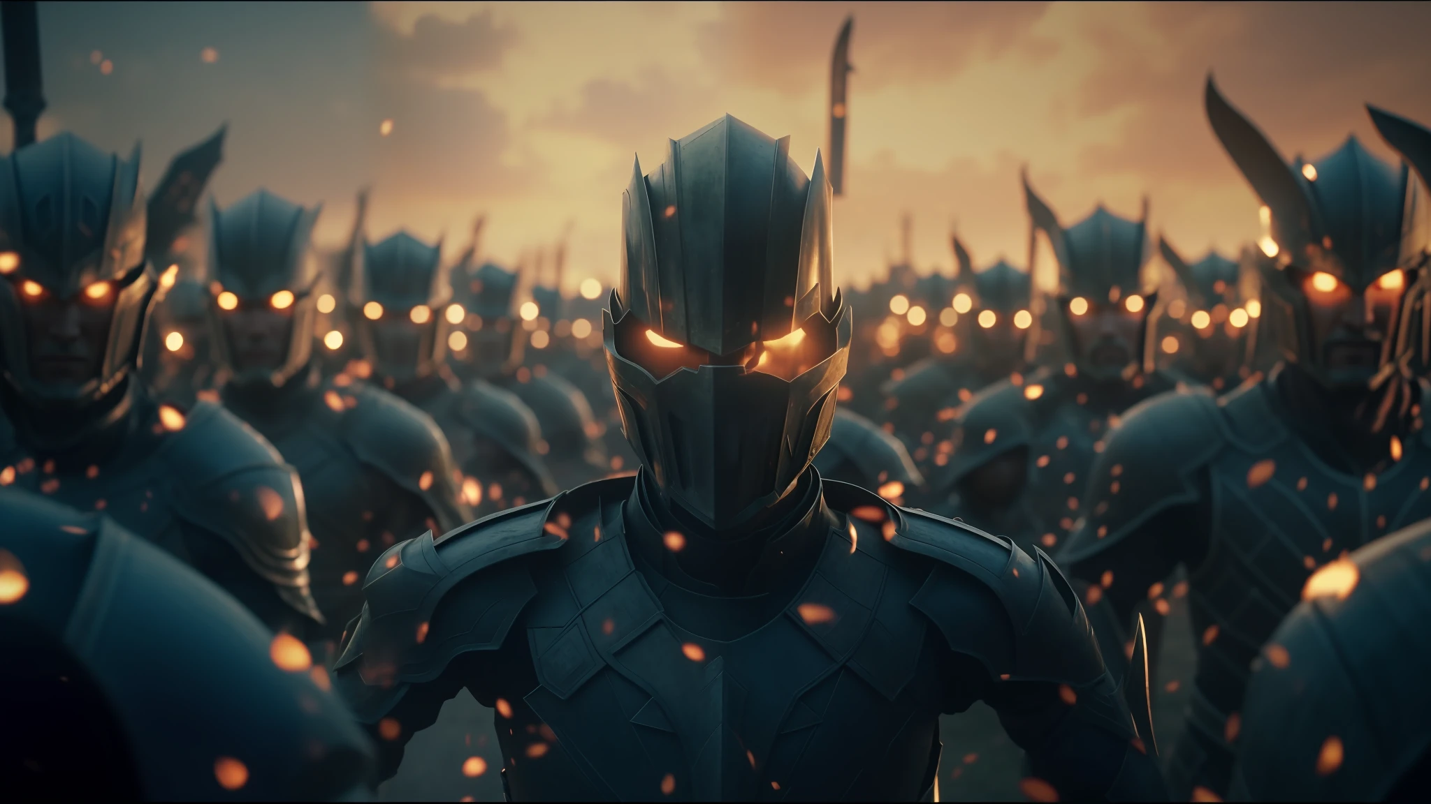 a group of people standing in a field with a light shining, in screenshot from the 300 movie, ruan jia and fenghua zhong, kremlin towers are destroyed, anamorphic flares, middle earth, still image from the movie, after effects, film cinematography