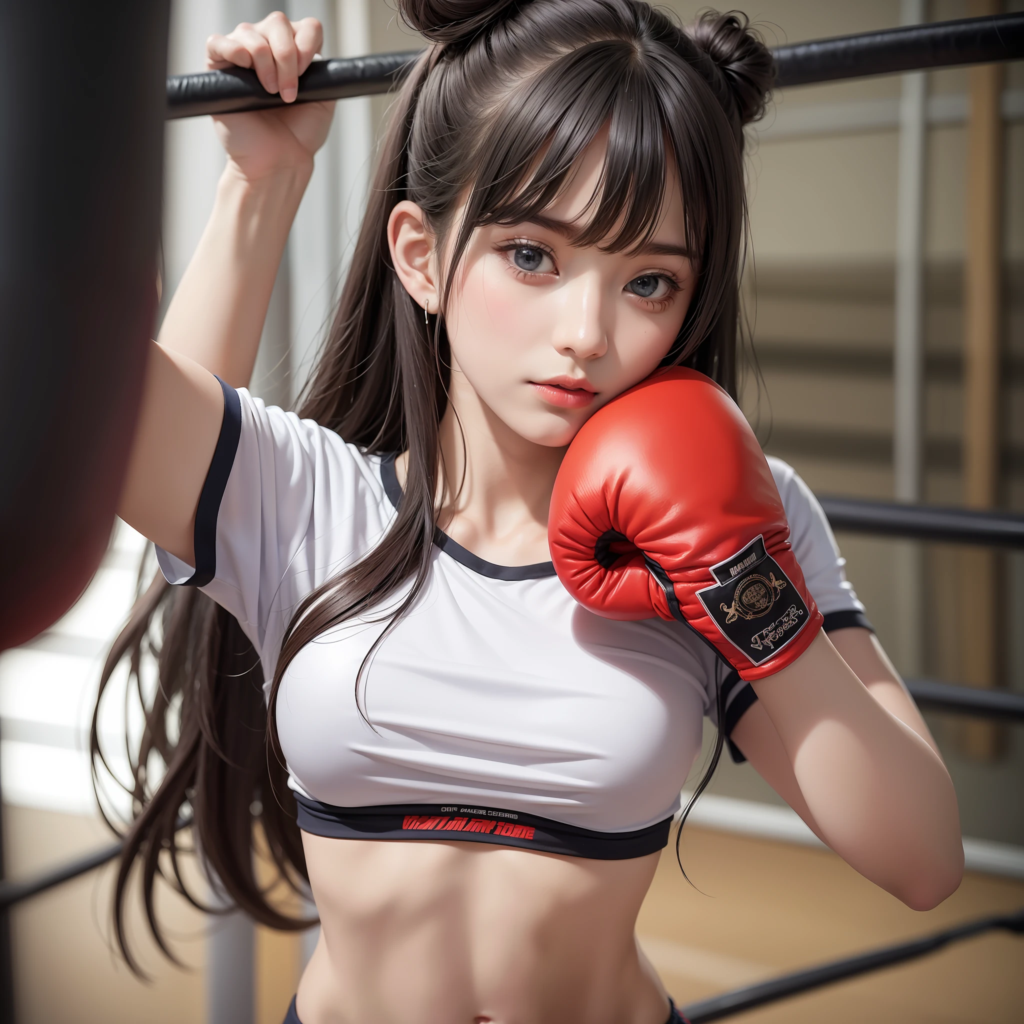masterpiece, top quality, (realistic, photorealistic: 1.4), (RAW photo: 1.2), very elaborate CG Unity 8K wallpaper, very delicate and beautiful, wonderful, attention to detail, official art, absurdity, incredibly ridiculous, huge file size, very fine, very elaborate, beautiful eyes and face, beautiful elaborate eyes, light on the face, one girl, Long Hair, (Pom) Navel, Upper Body, PE uniform Short Sleeved navel-baring T-Shirt, Boxing Gloves, Bare Arms, Bangs, Boxing Gym, Boxing Ring, ULZZANG-6500-v1.1