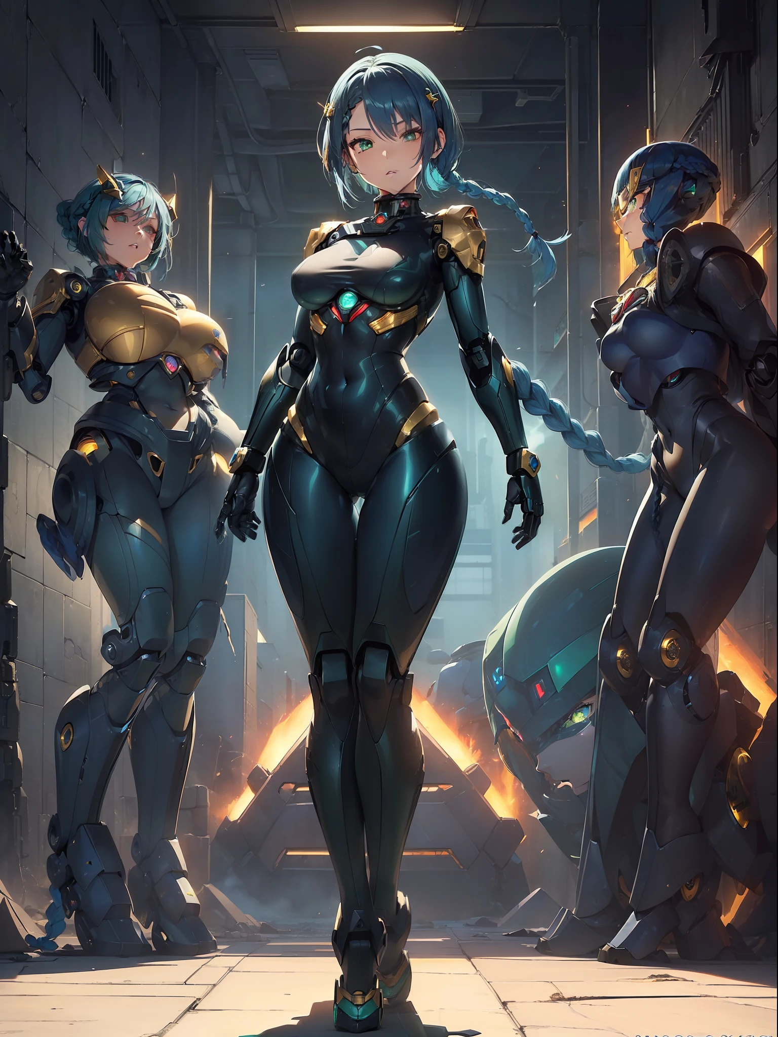 ((full body):1.5) (({1/woman}):1.5). Only {1/woman}: ((Wearing black mecha with golden parts, extremely tight on the body):1.3). Only {1/woman}: ((doing sensual poses for the standing viewer):1.2). In a futuristic city completely destroyed with fire in the buildings and ((several robots running behind):1.4) of only {1/woman}. Only {1/woman} has ((very short blue hair with braids, green eyes):1.3), anime, anime style, 16k, ((best quality, super detail):1.5), masterpiece, UHD, ccurate