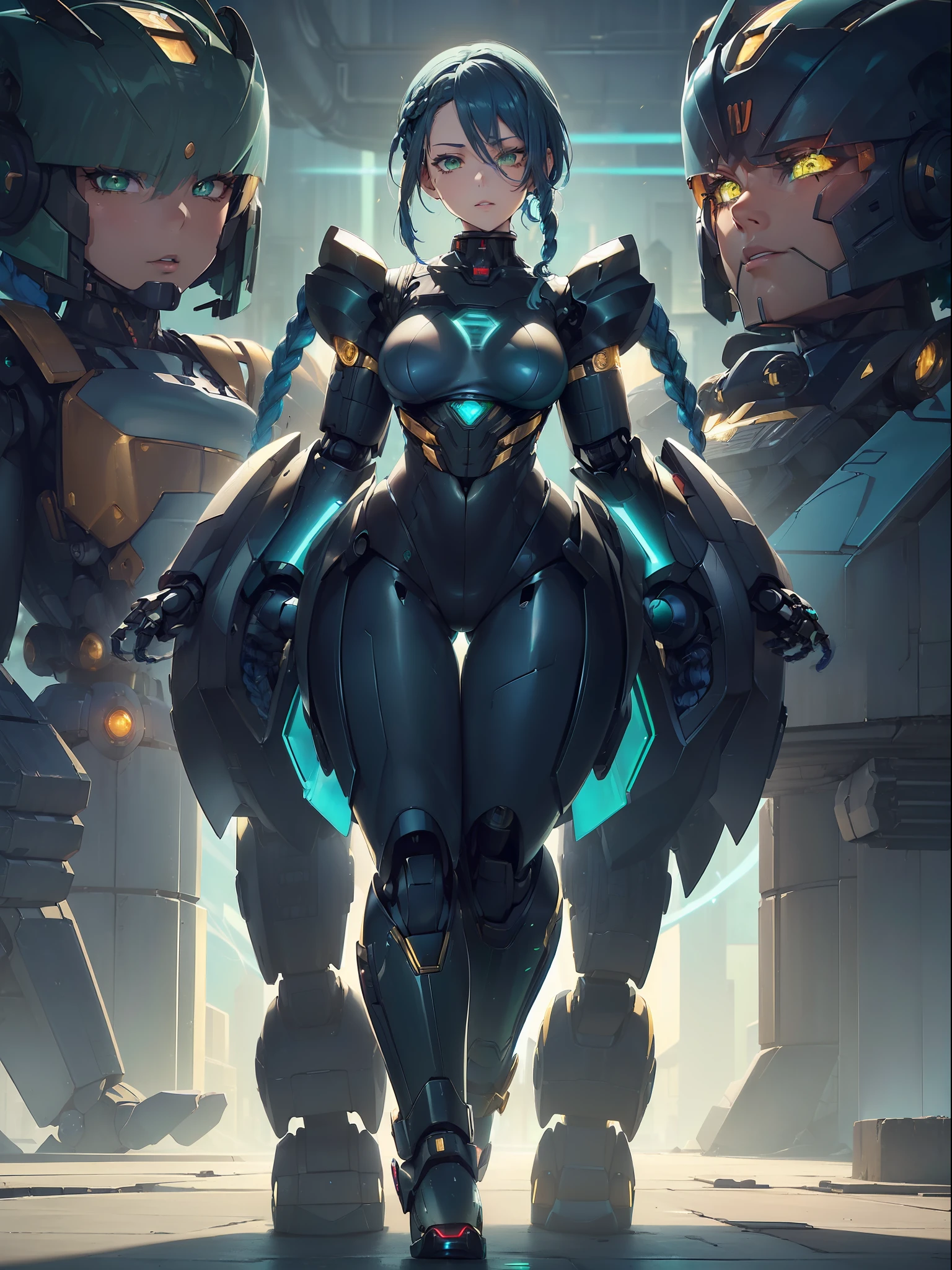 ((full body):1.5) (({1/woman}):1.5). Only {1/woman}: ((Wearing black mecha with golden parts, extremely tight on the body):1.3). Only {1/woman}: ((doing sensual poses for the standing viewer):1.2). In a futuristic city completely destroyed with fire in the buildings and ((several robots running behind):1.4) of only {1/woman}. Only {1/woman} has ((very short blue hair with braids, green eyes):1.3), anime, anime style, 16k, ((best quality, super detail):1.5), masterpiece, UHD, ccurate