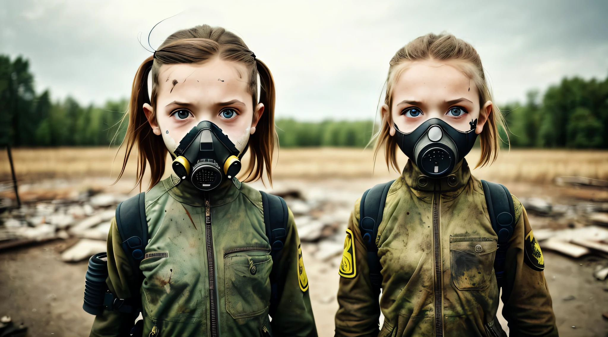 a photo of a 10 YEAR OLD, post-apocalyptic GIRL with a gas mask on her face, portrait photo, futuristic outfits, FIRE.