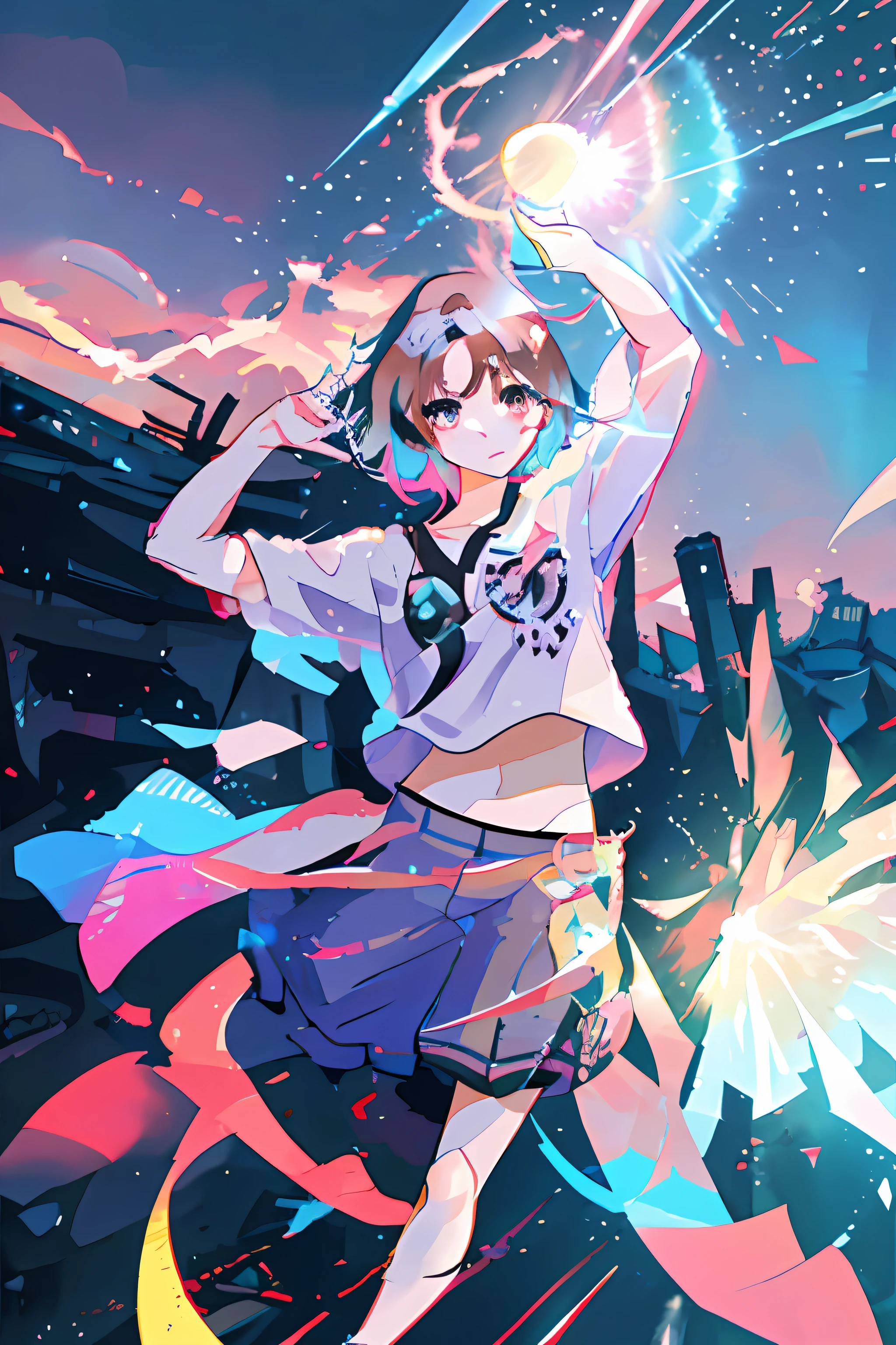 The background is war-torn Tokyo in the moonlight, a savior girl who landed there, brown eyes, pink hair, blue aura emanating from the body, right hand raised up, iridescent beams coming out of the fingers of the right hand, the tip of the beam extends to the sky and the beam is released like fireworks, and rainbow lights scatter in all directions like flashes, there are multiple charred corpses at the girl's feet