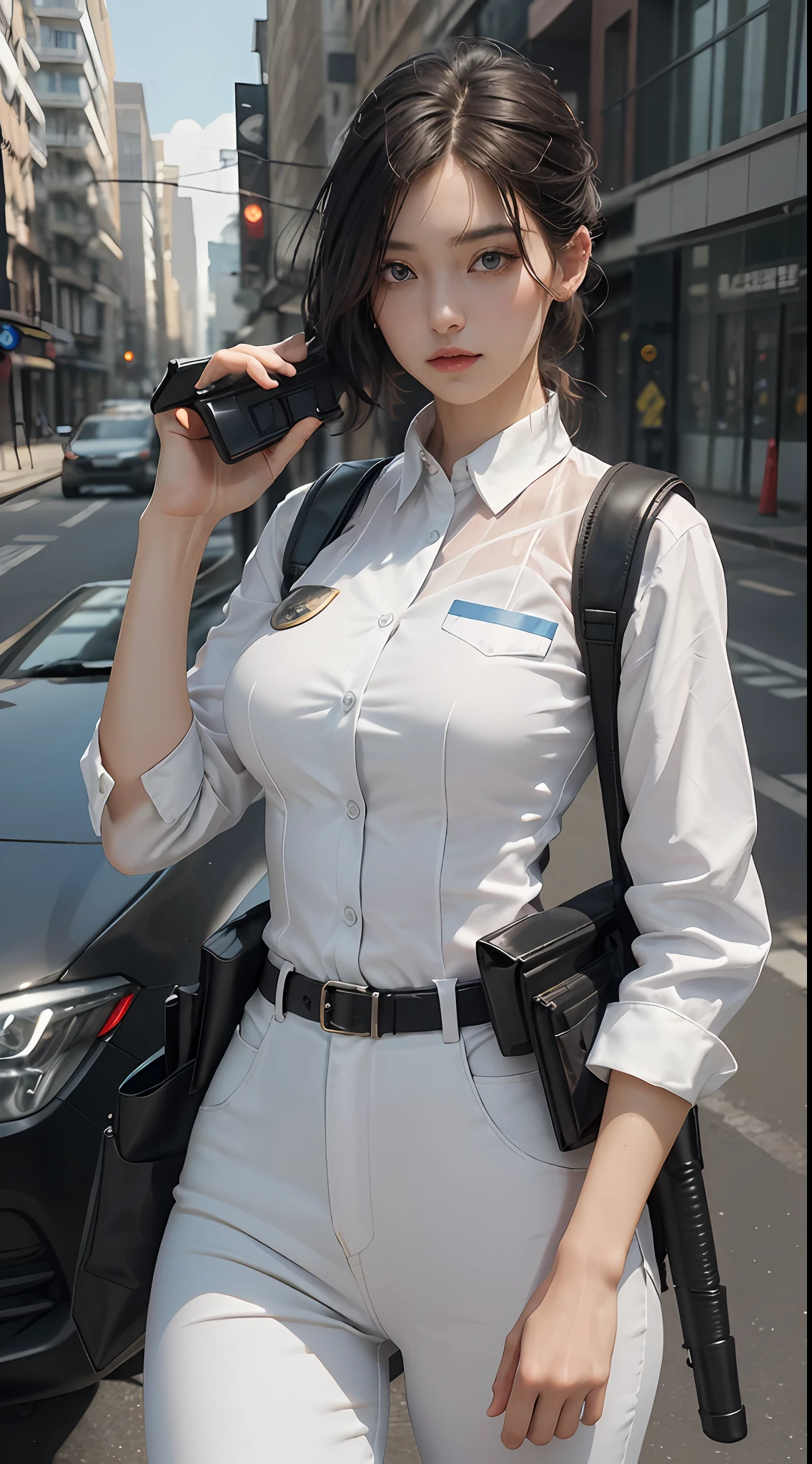 ((Best Quality, 8K, Masterpiece: 1.3)), Sharp: 1.2, Perfect Body Beauty: 1.4, Slim Abs: 1.2, ((Layered Hairstyle, Big Breasts: 1.2)), (Wet White Button Long Shirt: 1.1), (Bulletproof Police Car, Street: 1.2), Wet: 1.5, Highly Detailed Face and Skin Texture, Detailed Eyes, Double Eyelids, Side Face Looking at the Camera, White Police Uniform, Tall Figure, Army Badge, Bulletproof Vest, Intercom, Pistol Aimed at the Camera Female soldiers, Fully armed, black leather pants, special forces, agents