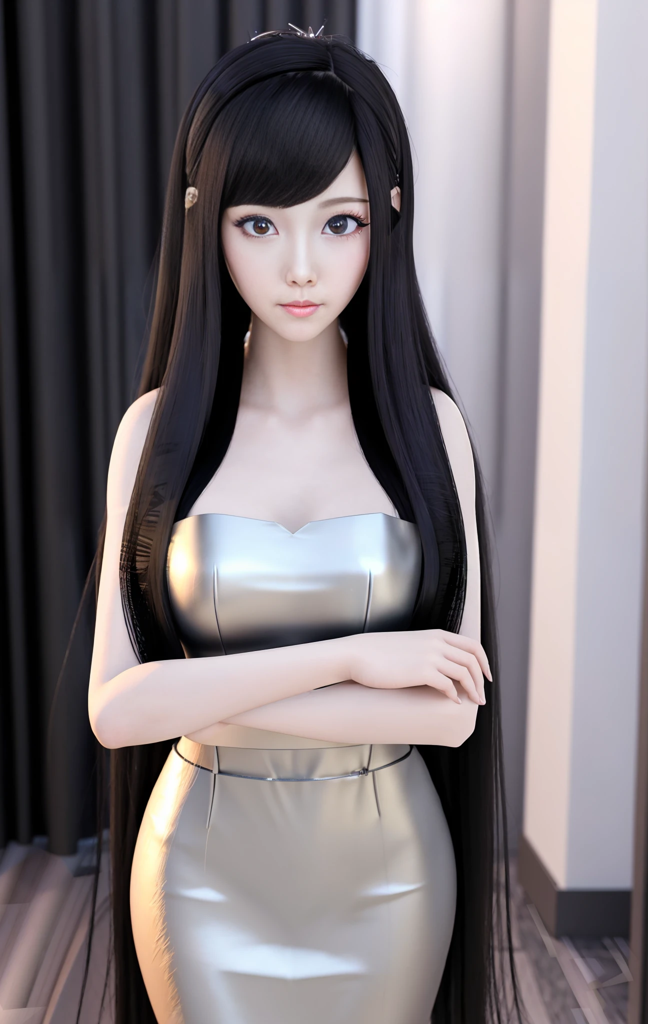 A girl with long black hair standing in the room, realistic anime 3D style, 3D anime realistic, smooth anime CG art, realistic anime girl rendering, anime style 3D, realistic young anime girl, realistic anime, semi-realistic anime, render a cute 3d anime girl, realistic anime, beautiful face, exquisite and perfect facial features, beautiful makeup,