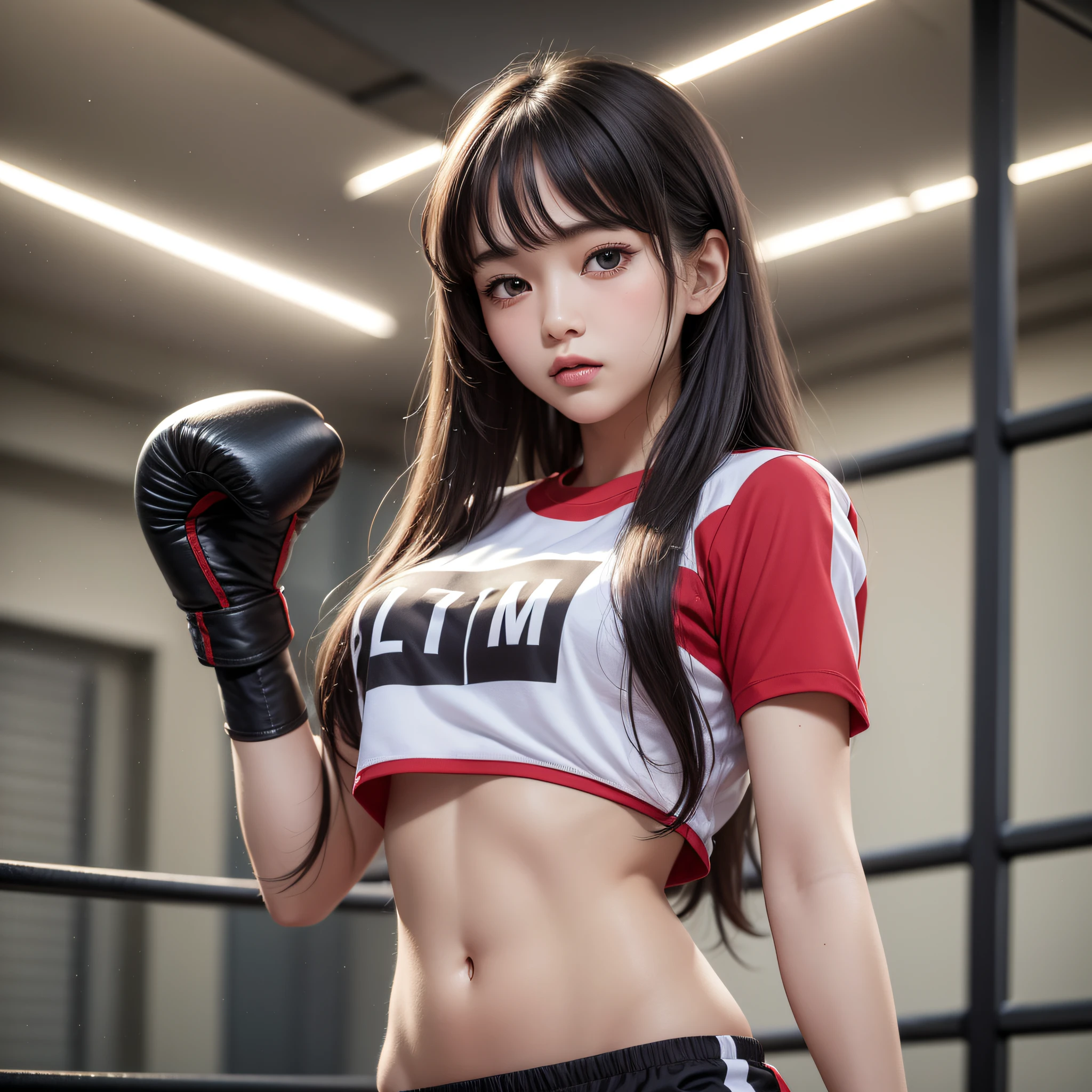 masterpiece, top quality, (realistic, photorealistic: 1.4), (RAW photo: 1.2), very elaborate CG Unity 8K wallpaper, very delicate and beautiful, wonderful, attention to detail, official art, absurdity, incredibly ridiculous, huge file size, very fine, very elaborate, beautiful eyes and face, beautiful elaborate eyes, light on the face, one girl, Long Hair, (Pom) Navel, Upper Body, PE uniform Short Sleeved navel-baring T-Shirt, Boxing Gloves, Bare Arms, Bangs, Boxing Gym, Boxing Ring, ULZZANG-6500-v1.1
