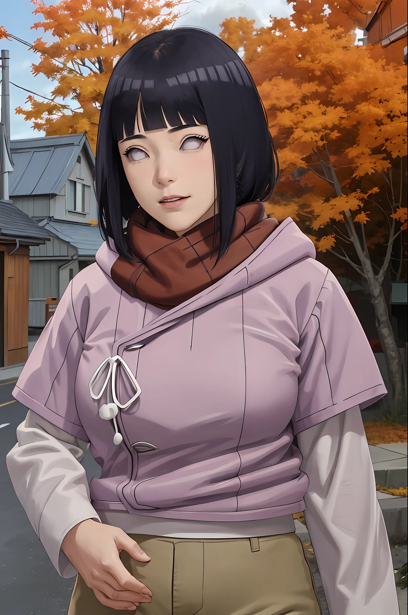 masterpiece, absurdres, hinata\(boruto\), 1girl, solo,mature female, purple hoodie,layered sleeves, brown pants, outdoors,maple trees, ((autumn)), looking at viewer, (falling maple), cloudy sky, perfect composition, detailed lips, big breast, beautiful face, body propotion, blush, (pink lips), long hair, purple eyes, soft gaze, sad smile, (((long red scarf))), super realistic, realistic face and body, super beautiful, pretty face, detailed, photoshoot, soft aura