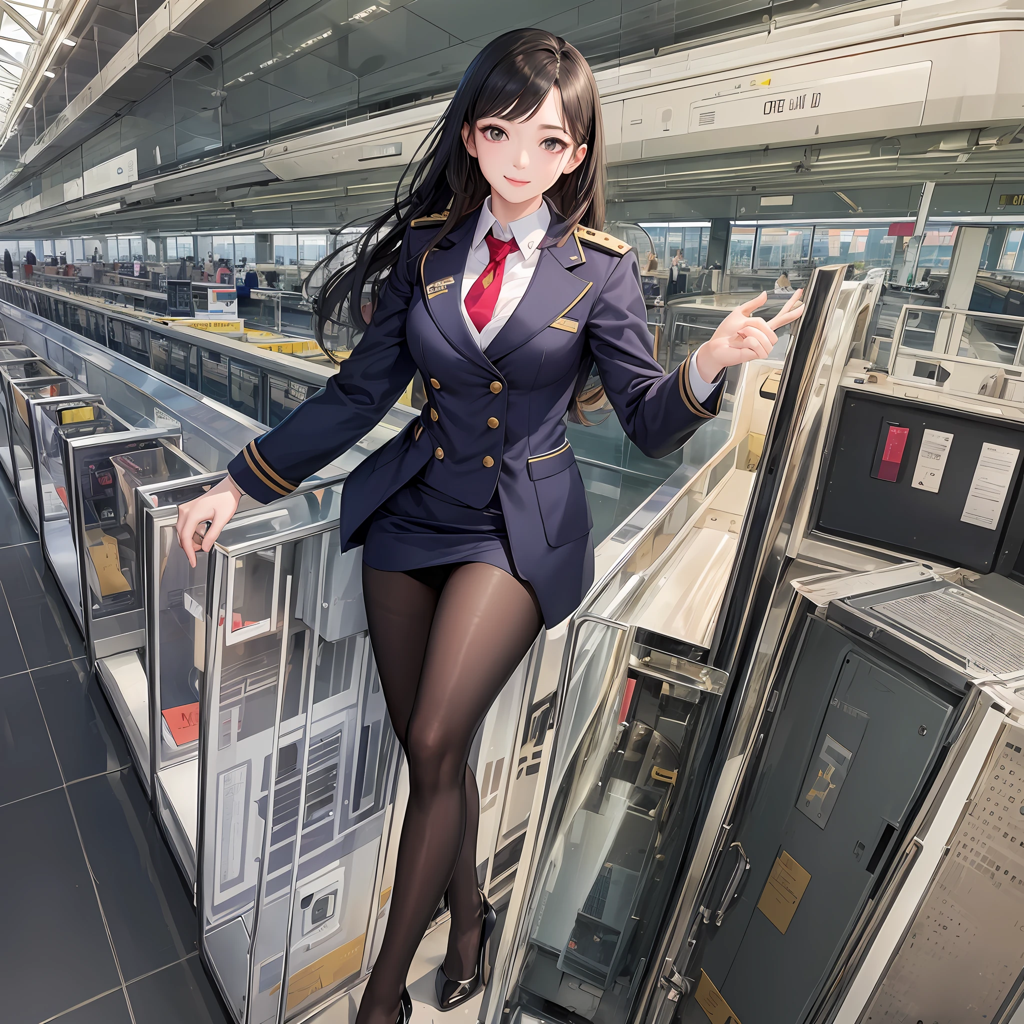 1 girl, flight attendant, Kleinland uniform, pantyhose, airplane, realistic, high heels, pale skin, young woman, Korean actress, looking at the audience, seductive smile, (masterpiece, high quality: 1.2), full body, , panties, --auto --s2