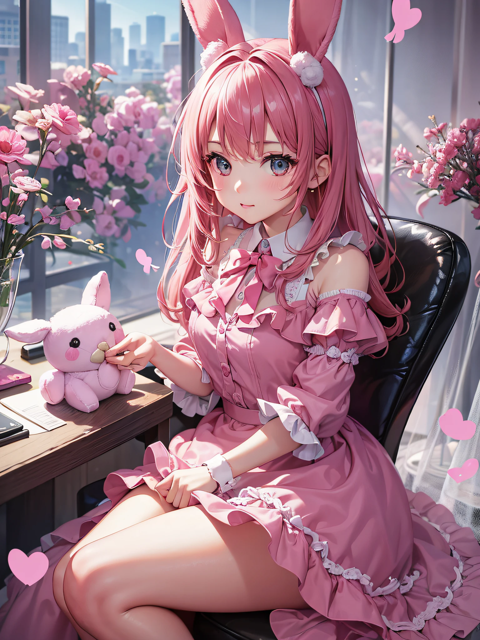 Ultra High definition, Retina screen, A Masterpiece, One Girl, Wearing a pink dress, sit in chair, Plush toy holding pink rabbit, pink theme