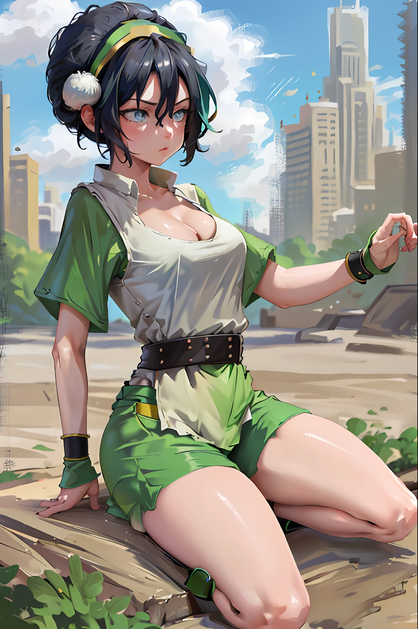 masterpiece, best quality, high definition, 1girl, solo, black hair, hairband, belt, short hair, cleavage, t-shirt, short shorts, ass, wide hips, blue eyes, green hair band, blind, hair bun, barefoot, city, outdoor