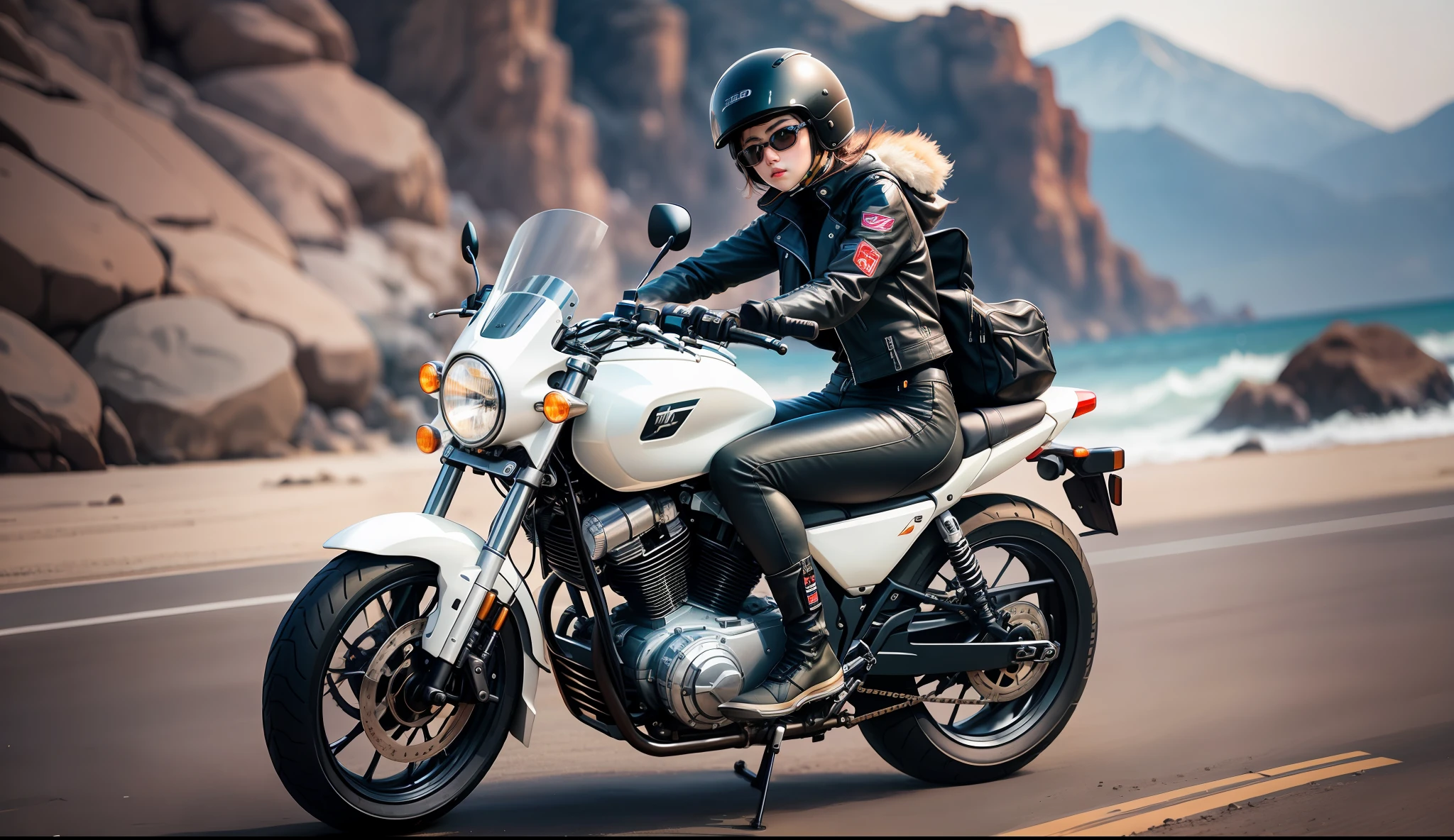 araffe sitting on a motorcycle on the beach with a helmet on, sitting on a motorcycle, picture of a female Japanese model biker(High Detailed, Ivory Skin, Jewelry,), riding a motorbike, without helmet, riding a motorcycle, badass pose, riding on the road, cool pose, wearing helmet, looking sideway, sitting on cyberpunk motorbike, motorbiker, shot on nikon z9,UHD, Cenimatic Lighting