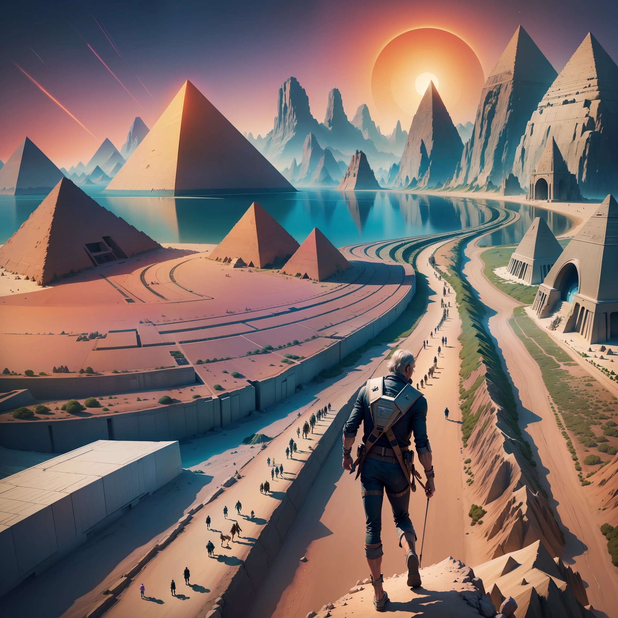 man walking sideways over time, in a line, at the bottom some pyramids, cavemen and dinosaurs, at the top futuristic ships, and futuristic buildings, inspired by psychedelia, time travel, pink floyd, epic, 8k, psychedelic art