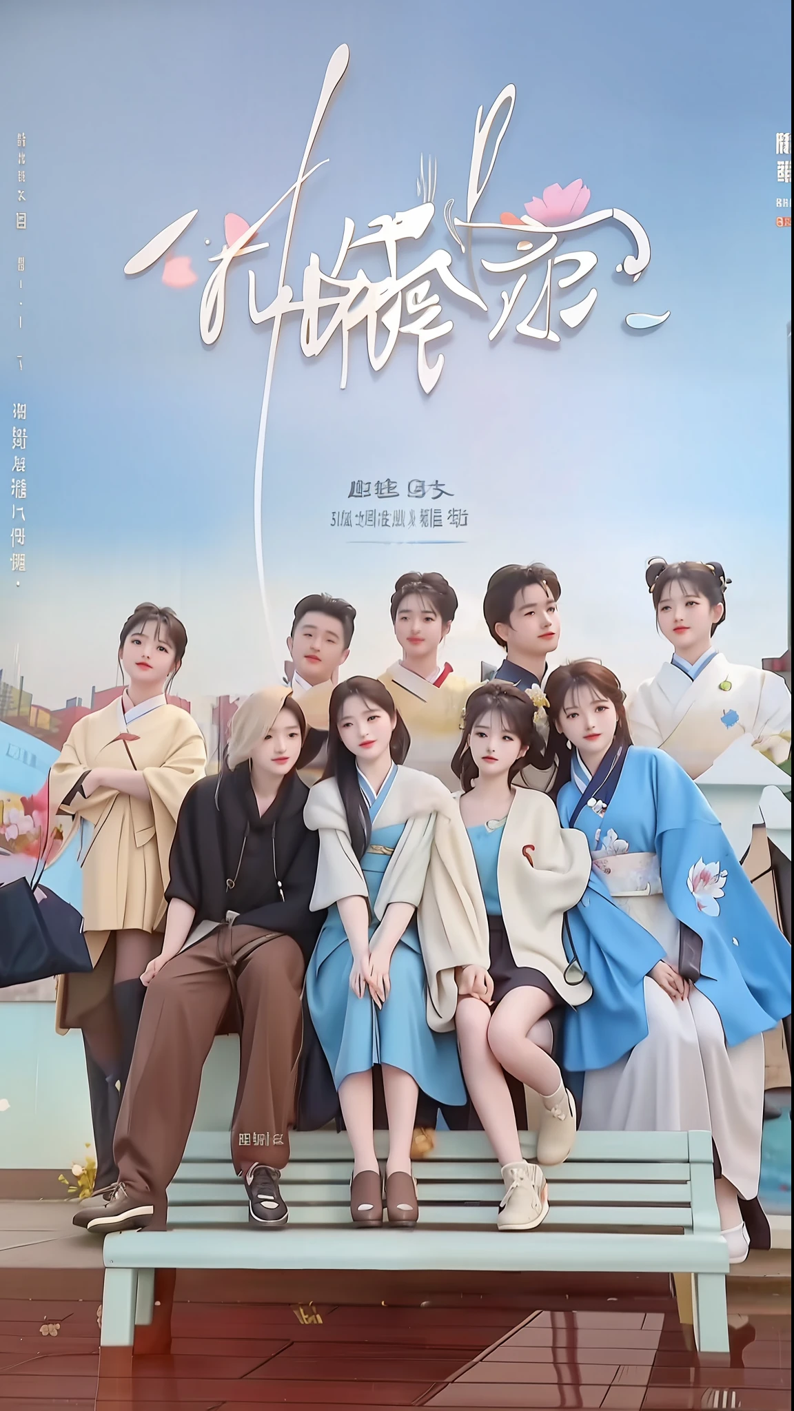 a close up of a poster of a group of people on a bench, romantic lead, highlight scene of the movie, official poster, poster, inspired by Bian Shoumin, a list cast, inspired by Shao Mi, trailer, inspired by Huang Ji, tv series, odd eye, high high high quality, bright sky, inspired by Tang Yifen, yan