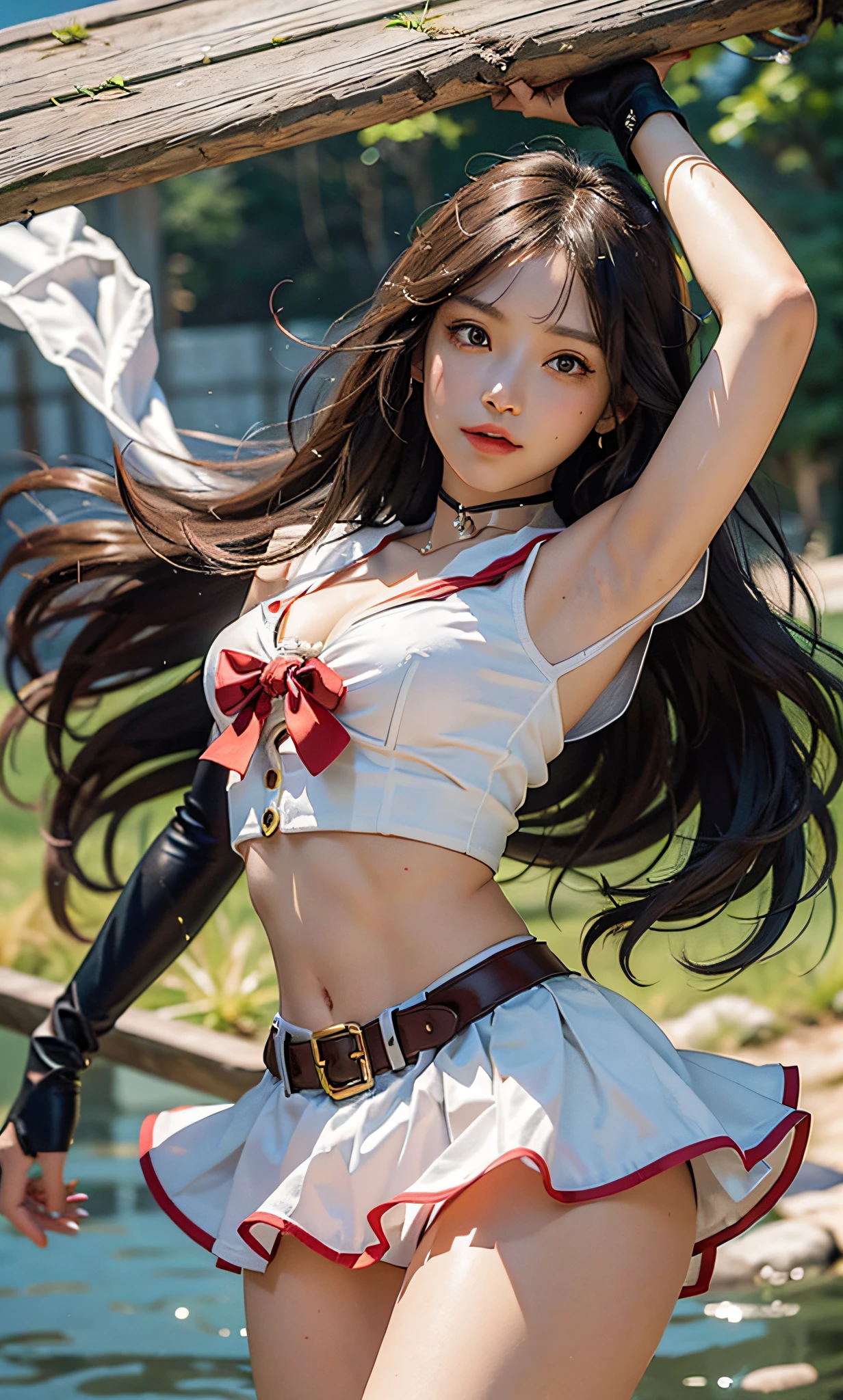 A rei Nano that matches the original painting of Sailor Moon, Mari Mars Hono, full body, Japanese sailor suit, white V-neck top, high-waisted red short skirt, skirt covering ass, flesh-colored oily stockings to waist, white combat gloves, warrior attire, short top, , gold trim, star brooch, front split design, red bow on head, combat gloves, white high boots, shin guards with flame pattern, belt detail, high-quality texture, bright colors, original manga character setting, small man's waist,, golden ratio, Tall and long legs, vivid expression, charming eyes, delicate and soft skin, long black hair, dynamic hairstyle, smoky makeup, colorful background, shining starry sky, gorgeous city landscape with rich colors, HD details, exquisite rendering, three-dimensional, realistic image, use of light and shadow, watery eyes, (sword eyebrows: 0.1), (high nose bridge: 0.6), (smile: 0.6), long red hair, (big breasts: 1.1), red eyes, sexy, (big buttocks), sheer cardigan, slim, (masterpiece: 1.2, superb), realistic, skinny, 22 years old, mixed, (real shot, fine crafted, depth of field), (1girl, solo), makeup, noble, elegant, blush, dignified, proud, confident, (fair and shiny skin), mature, (thin), (big ass :1.3), bonny, (small mouth), black super long hair, wet body, red bow on clothes, gold headwear, ultra high definition, 8k, best light and shadow, best shadow, depth of field, lots of colored bubbles, elevation view, long leg visual effect, (extended leg: 1.2), perspective enhancement, kicking action, fire light special effects, seaside, sunny day, water ripple refraction, character standing in the dojo