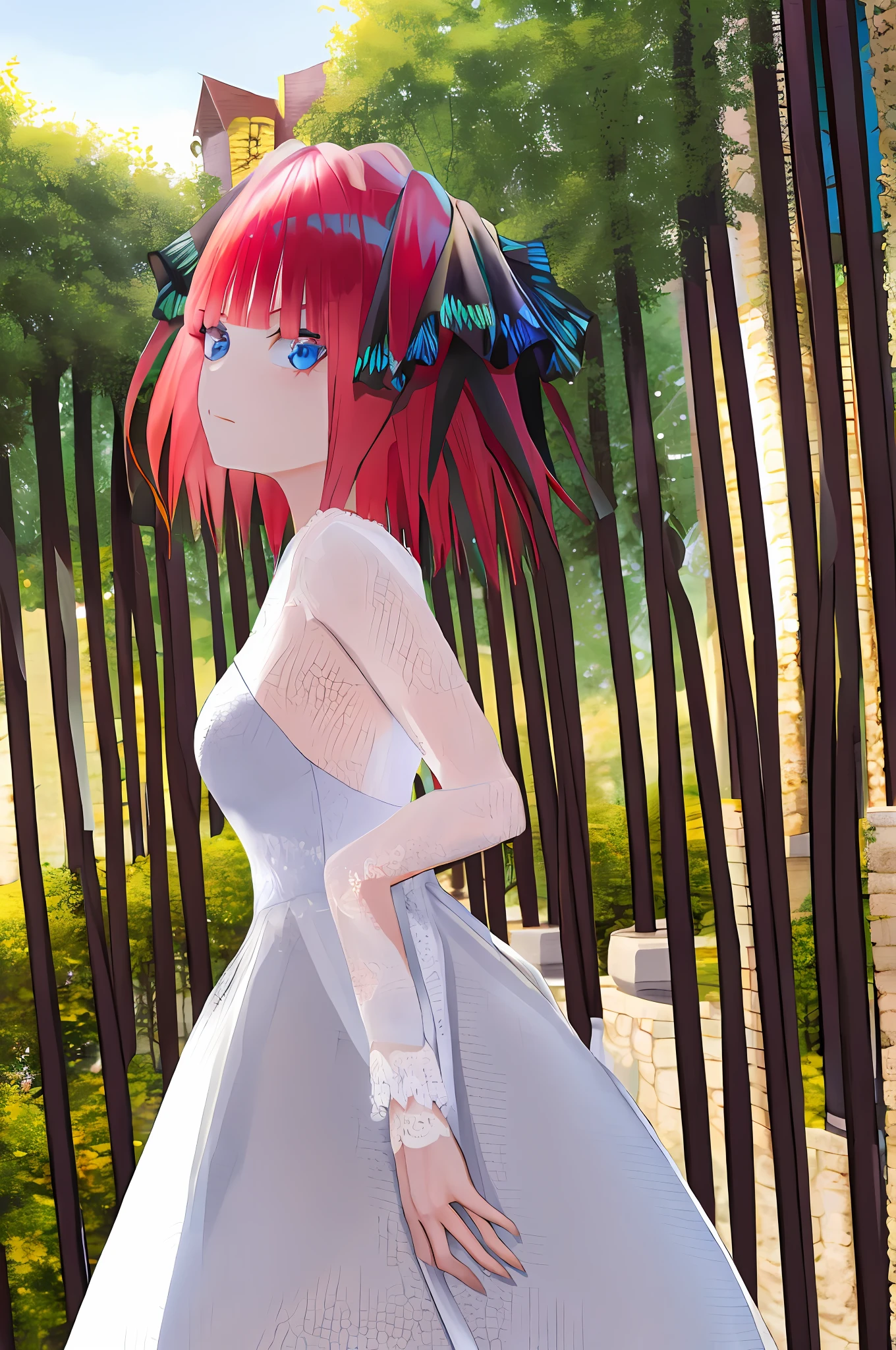 masterpiece, best quality, highres, nn1, 1girl, hair ribbon, short hair, wedding dress, wedding_veil, bouquet, church, cowboy shot,
