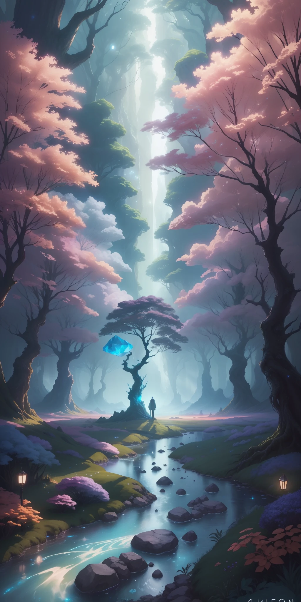 Illustration of a hyperrealistic , otherworldly, ultrasky scene featuring a giant crystal tree full body,very detailed and magical lighting, intricate forest details, vegetation and river around, solarpunk ,landscape, giant tree, beatifull leafy with beautiful lighting and realistic proportions, as if it were a cinematic background, 8k, highest quality, masterpiece, clouds and stars in the sky.