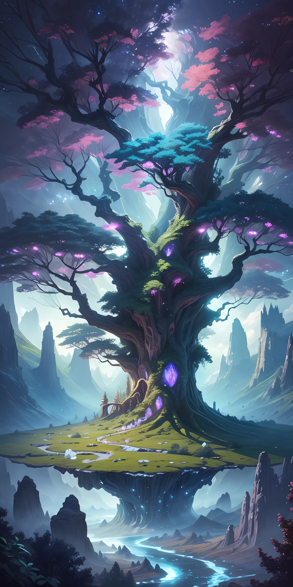 Illustration of a hyperrealistic , otherworldly, ultrasky scene featuring a giant crystal tree full body,very detailed and magical lighting, intricate forest details, vegetation and river around, solarpunk ,landscape, giant tree, beatifull leafy with beautiful lighting and realistic proportions, as if it were a cinematic background, 8k, highest quality, masterpiece, clouds and stars in the sky.