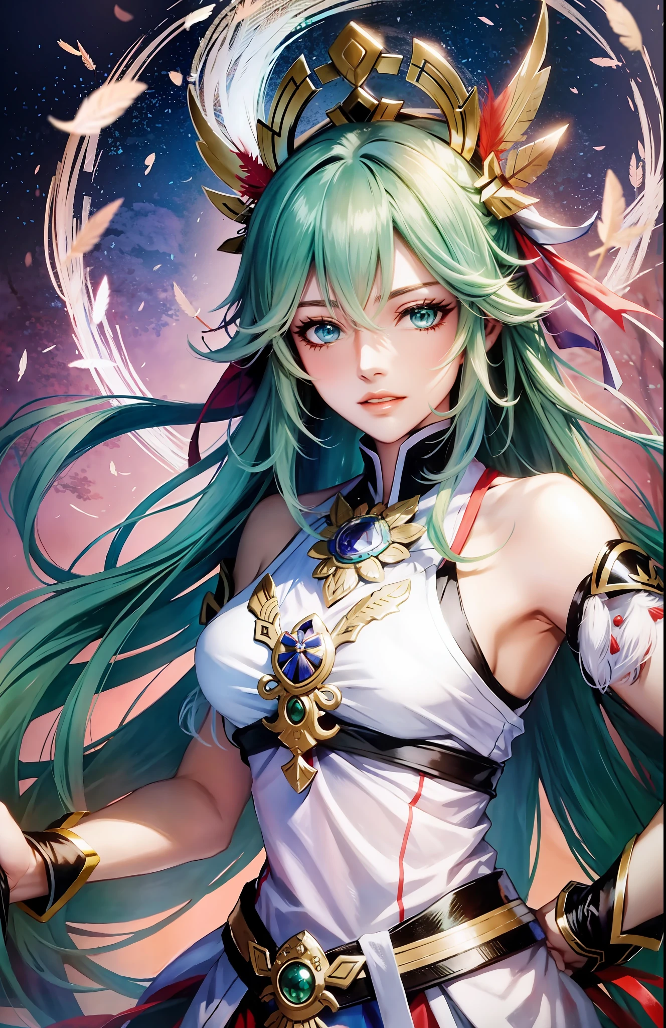 High quality, beautiful 20-year-old woman, female swordswoman, green hair, blue eyes、、、 river on the background, holding a spear, feather ornament of a bird like an Indian on the head,