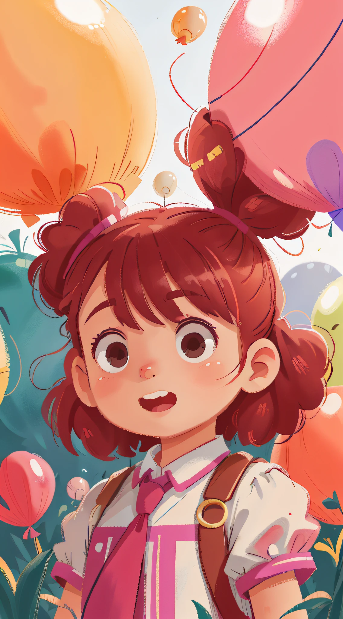 Girl with two ponytails, solo girls, one girl, drawing, many balloons, happy, perfect quality, clear focus (clutter - house: 0.8), (masterpiece: 1.2) (realistic: 1.2) (bokeh) (best quality) (detailed leather: 1.3) (complex details) (8K) (eye detail) (clear focus), (happy) full height, clean background, long-range composition, 85MM SHOT