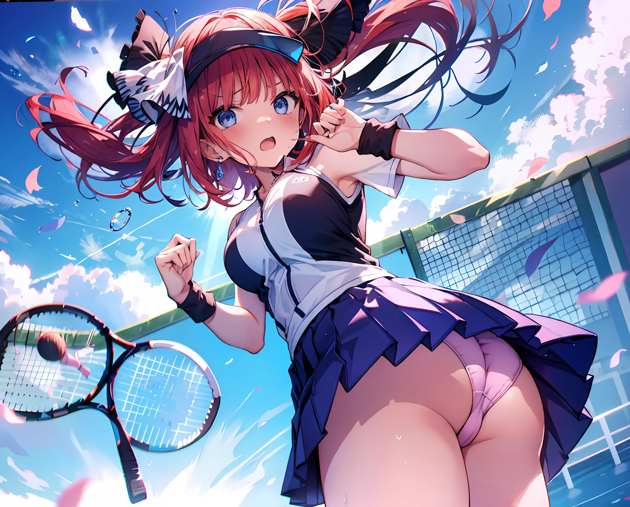 absurdres, highres, BREAK cowboy shot BREAK (vivid-color:1.3) BREAK (one girl:1.3), (li:1.2),red hair, blue eyes, tennis uniform, playing tennis, hairclip, earrings, jewelry, nm1, hair ribbon, short hair, tennis cosplay, (pleated super short skirt:1.4), (thighs:1.3), (large ass:1.3), (((Very pretty panties))), large breasts, (trouble face, embarrassed:1.3), open mouth, (breast:1.3), ass, round eyes, (blowing in the wind:0.5), sweat around girl, dripping sweat, squall (wind:1.2), sense of speed, refreshing breeze, motion blur effect, wind BREAK background is (tennis court:1.3), (Stand in the center of the screen:1.3), blue sky with clouds, outdoors, (magnificent panorama view:1.2), wind BREAK sunlight, magnificent view, rainbow in the sky, light particles, dynamic angle, dutch angle, perspective BREAK (daytime, sunbeam:1.2), depth of field, bokeh, light leaks, (chromatic aberration:1.2), noon BREAK
