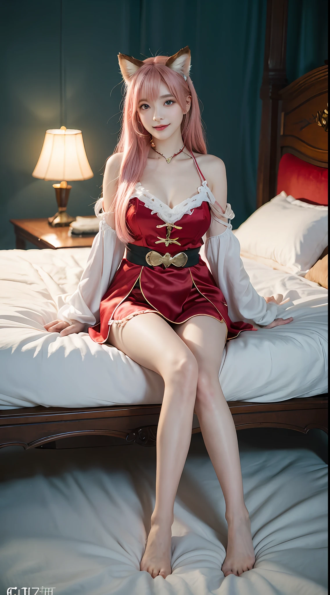 League of Legends Fox, super fine face, delicate eyes, double eyelids, smile, a woman sitting on a red big bed, hanfu, silk, legs upturned, leg decoration, full body composition, cgsociety, cosplay, fantasy art, very beautiful CG anime cat girl, pink hair, fluttering fox tail behind her, silk, high quality fantasy stock photo, good figure, fantasy, fantastic crystal clear background, bokeh background, Unreal Engine, 3D rendering
