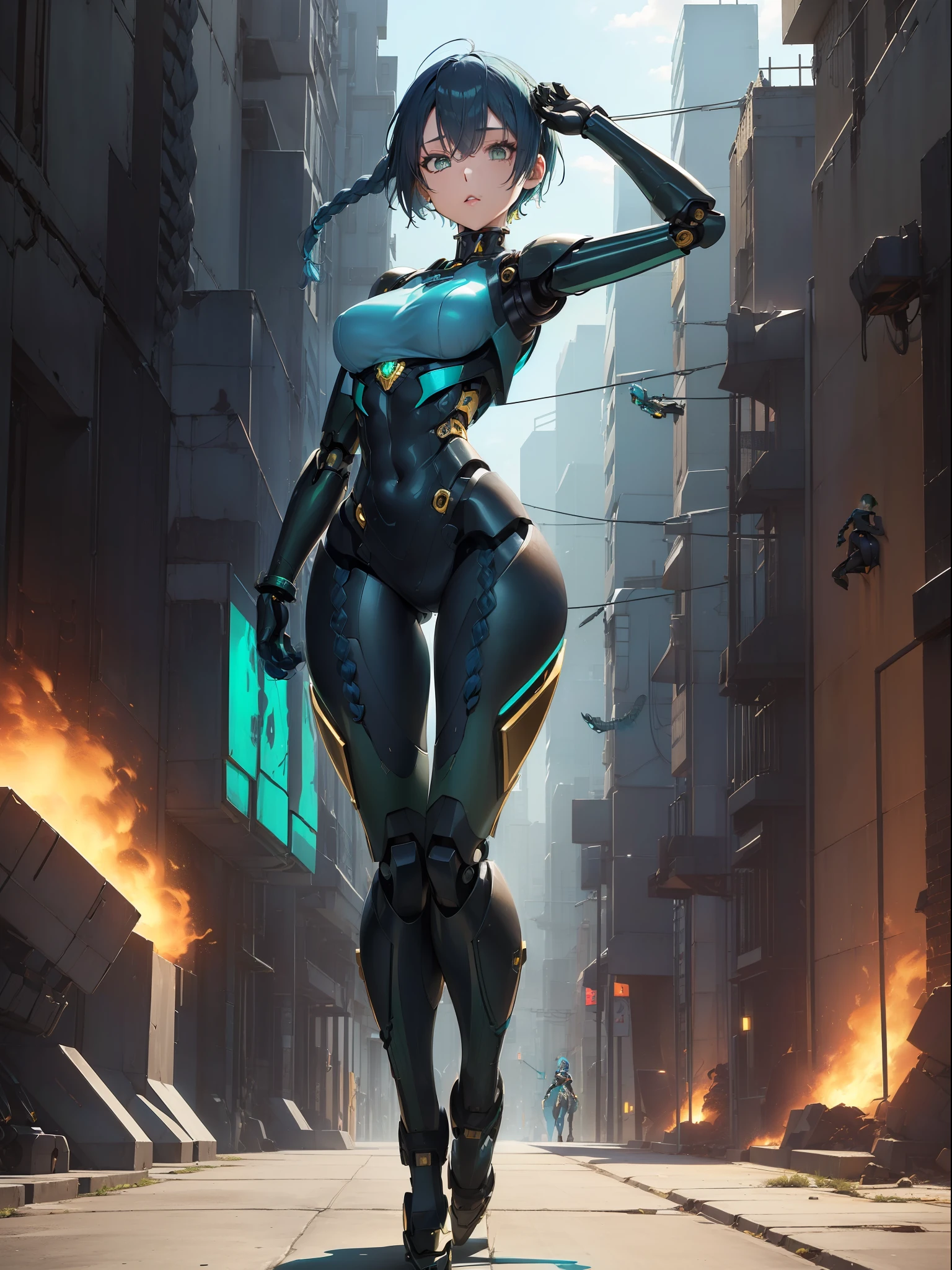 ((full body):1.5) (({1/woman})1.3). Only {1/woman}: ((Wearing black mecha with golden parts, extremely tight on the body):1.3).  Just {1/woman}: ((doing sensual poses for the standing viewer):1.3). In a futuristic city completely destroyed with fire in the buildings and ((several robots running behind):1.4) of only {1/woman}. Only {1/woman} has ((very short blue hair with braids, green eyes):1.3)